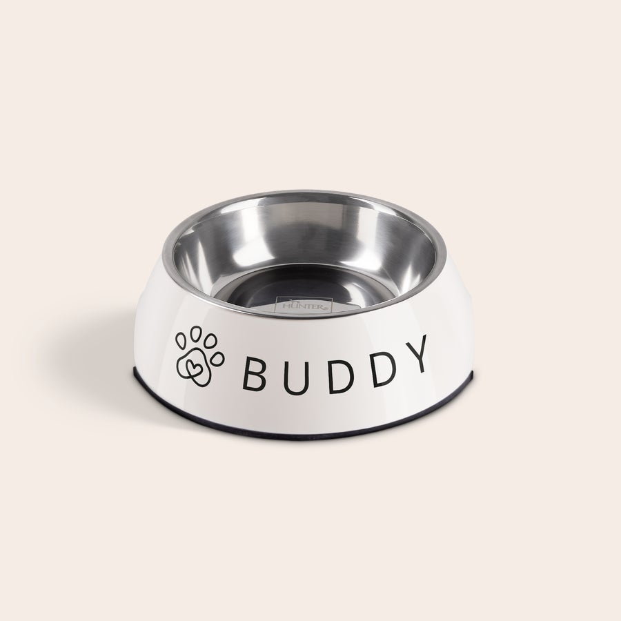 Hunde madskål Hvid personlig madskål til hund med sort poteaftryk og navn Buddy, din hund vil helt sikkert spise al sin mad