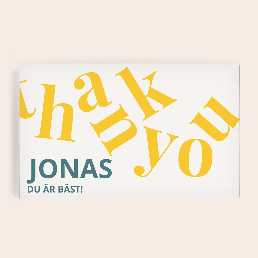 Mars personliga presentboxar Mars personliga presentboxar med texten Jonas och Du är bäst, samt stora gula bokstäver som bildar Thank you, tryckt på locket