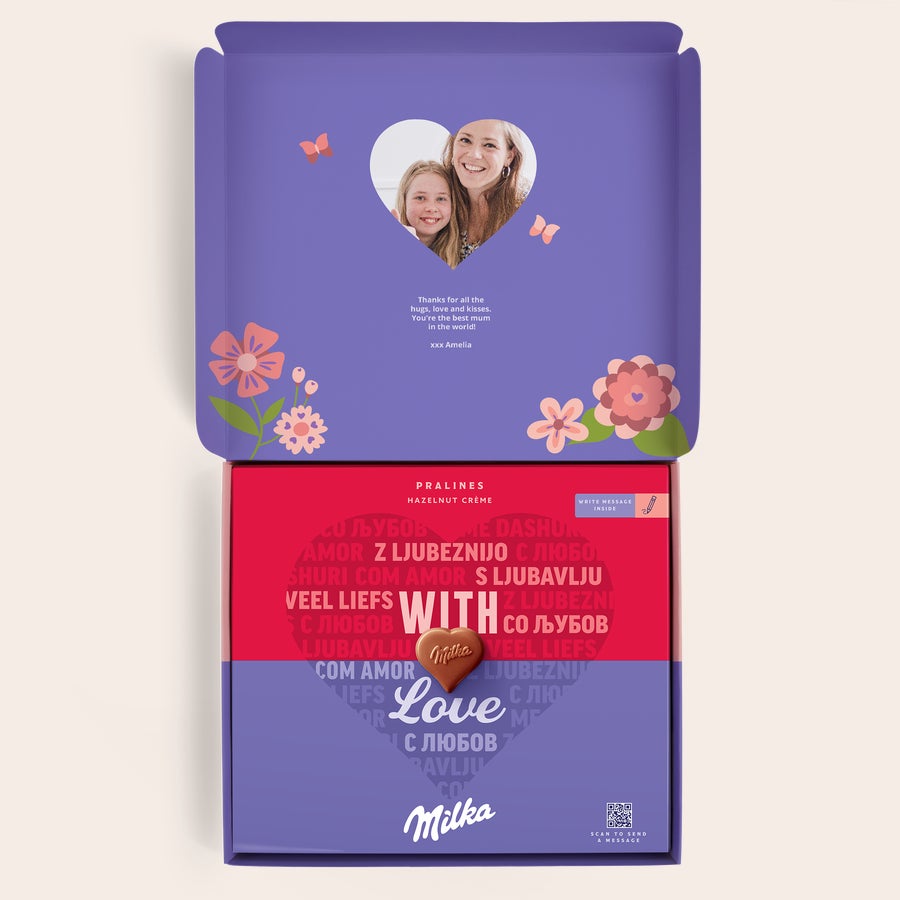 Milka Praline Materinski dan Personalizirana Milka darilna škatla za mamo s fotografijo in sporočilom, potiskana z ljubeznijo