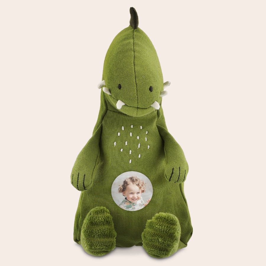 Personalizirana plišasta igrača - Trixie Zelena personalizirana ljubka igrača dinozaver za malčke, natisnjena s fotografijo nasmejanega otroka.