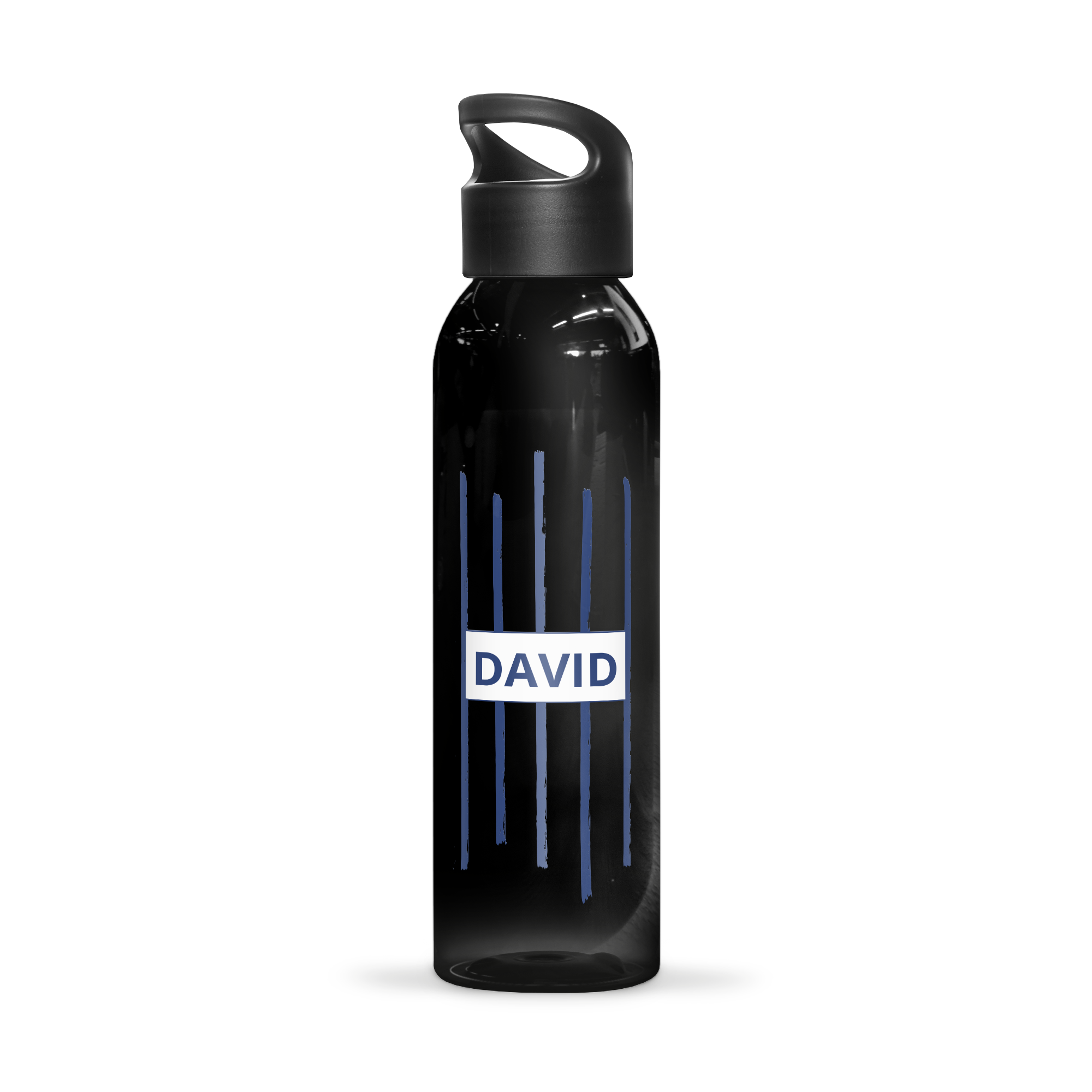 Garrafa de água personalizada preta com tampa e nome DAVID impresso em um design azul exclusivo
