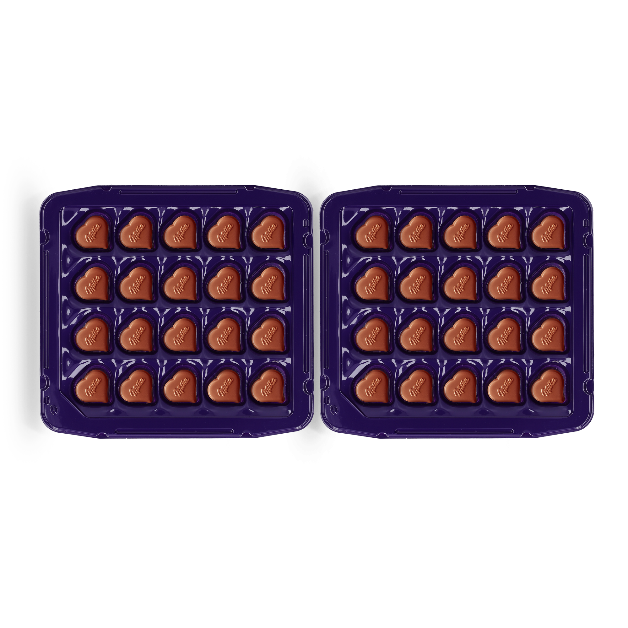 Två askar med personlig Say it with Milka-choklad, fyllda med hjärtformade chokladpraliner.