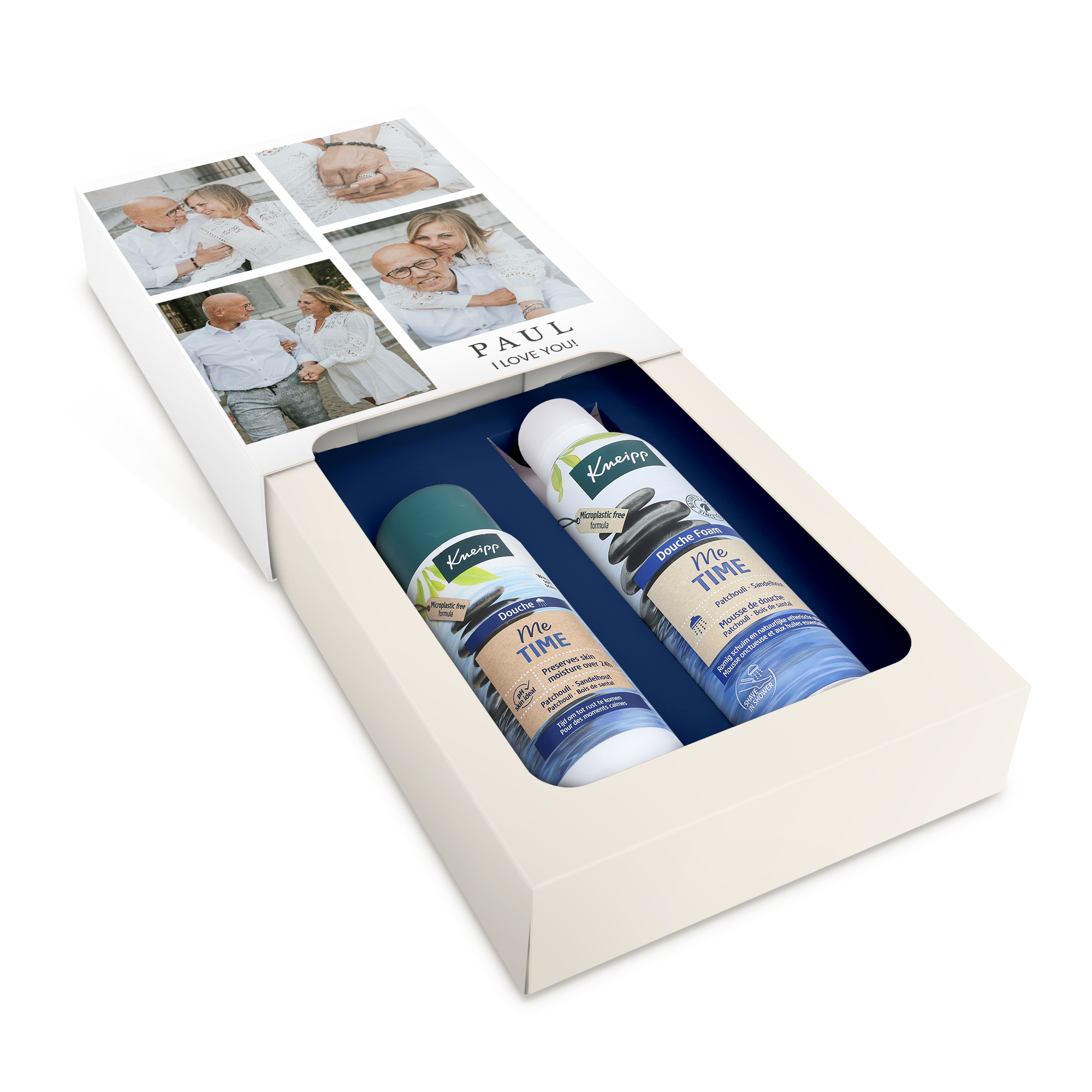 Caja de regalo de spa con espuma y gel Kneipp, impresión personalizada con cuatro fotos y el texto "PAUL I LOVE YOU!" ideal para una experiencia de spa en casa.