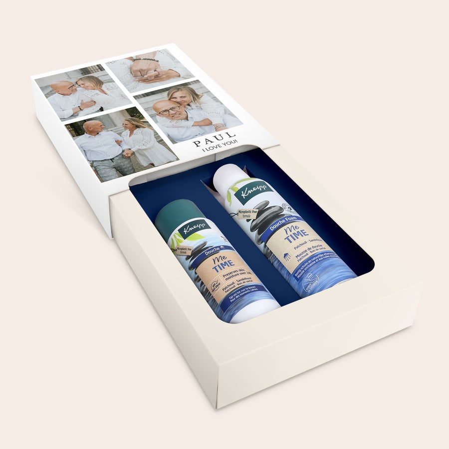 Darilna škatla Kneipp Me-Time wellness Darilni set Kneipp spa z gelom in peno za prhanje, natisnjen s kolažem fotografij in osebnim sporočilom za presenetite in razvajajte jih