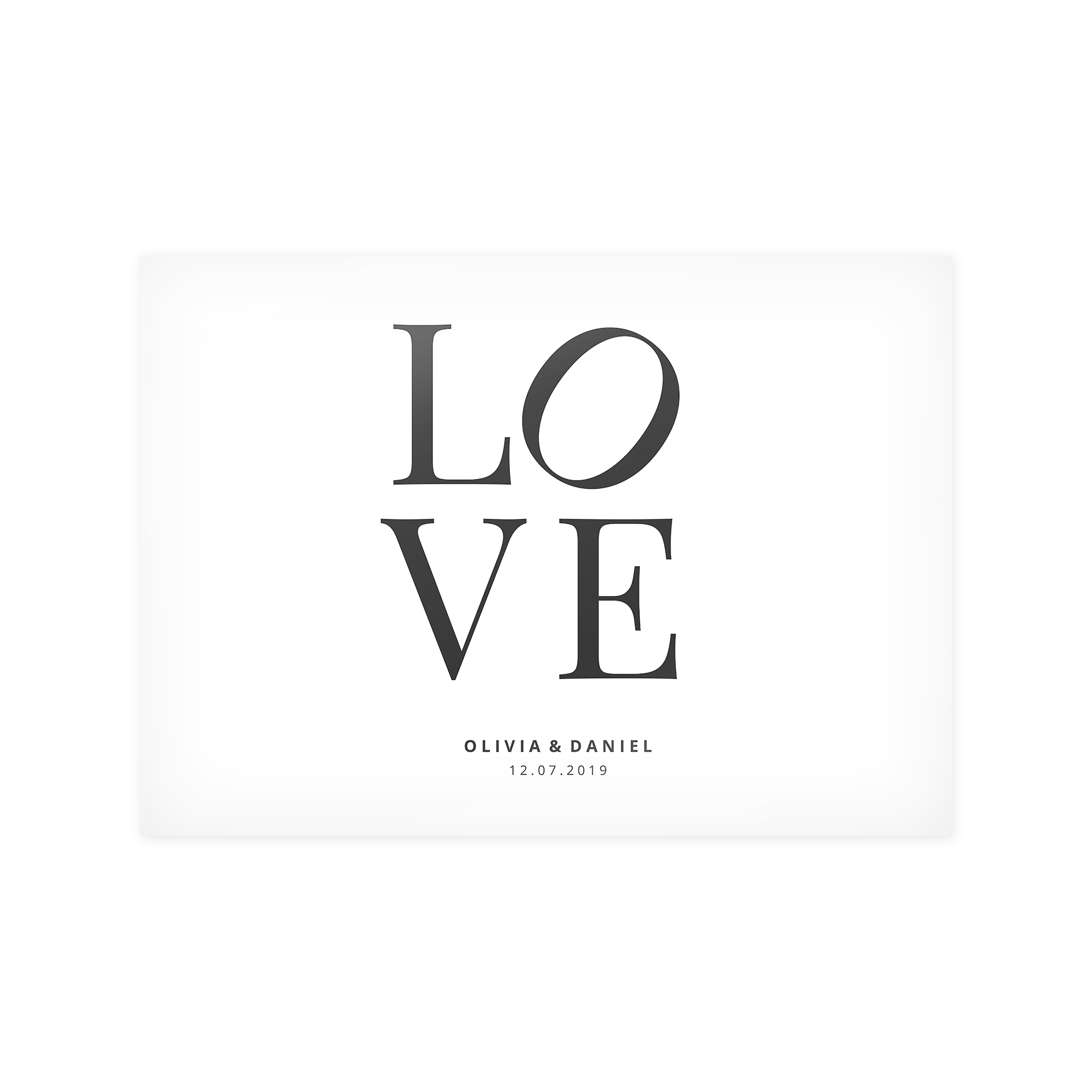 Personalized poster photo print with LO VE text and custom names and date OLIVIA & DANIEL 12.07.2019