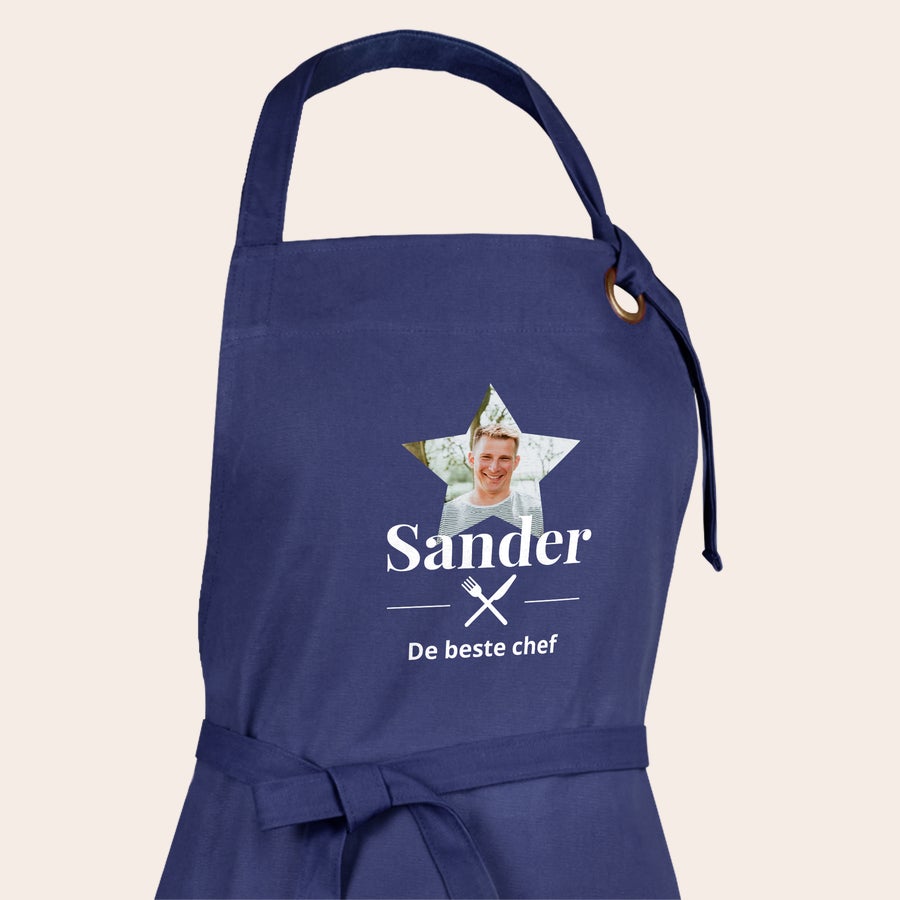 Schort met foto Donkerblauw gepersonaliseerd keukenschort, bedrukt met de naam Sander, een foto in stervorm en "De beste chef".