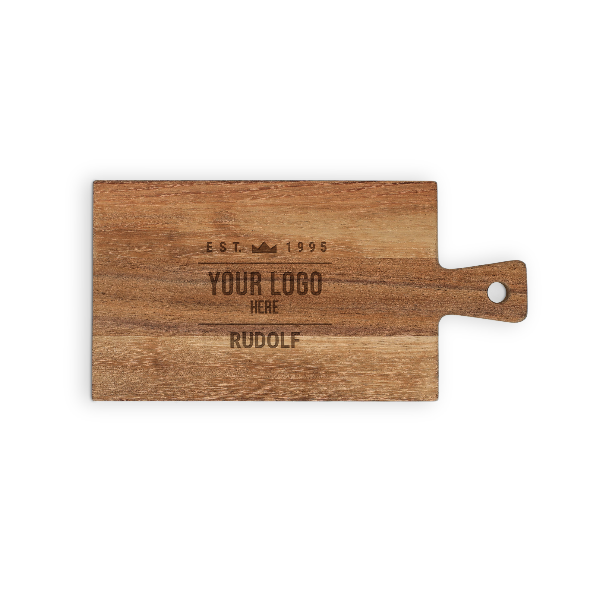 Persoonlijke houten serveerplank, gegraveerd met "Your Logo Here" en naam "Rudolf", perfect voor lekkere hapjes.
