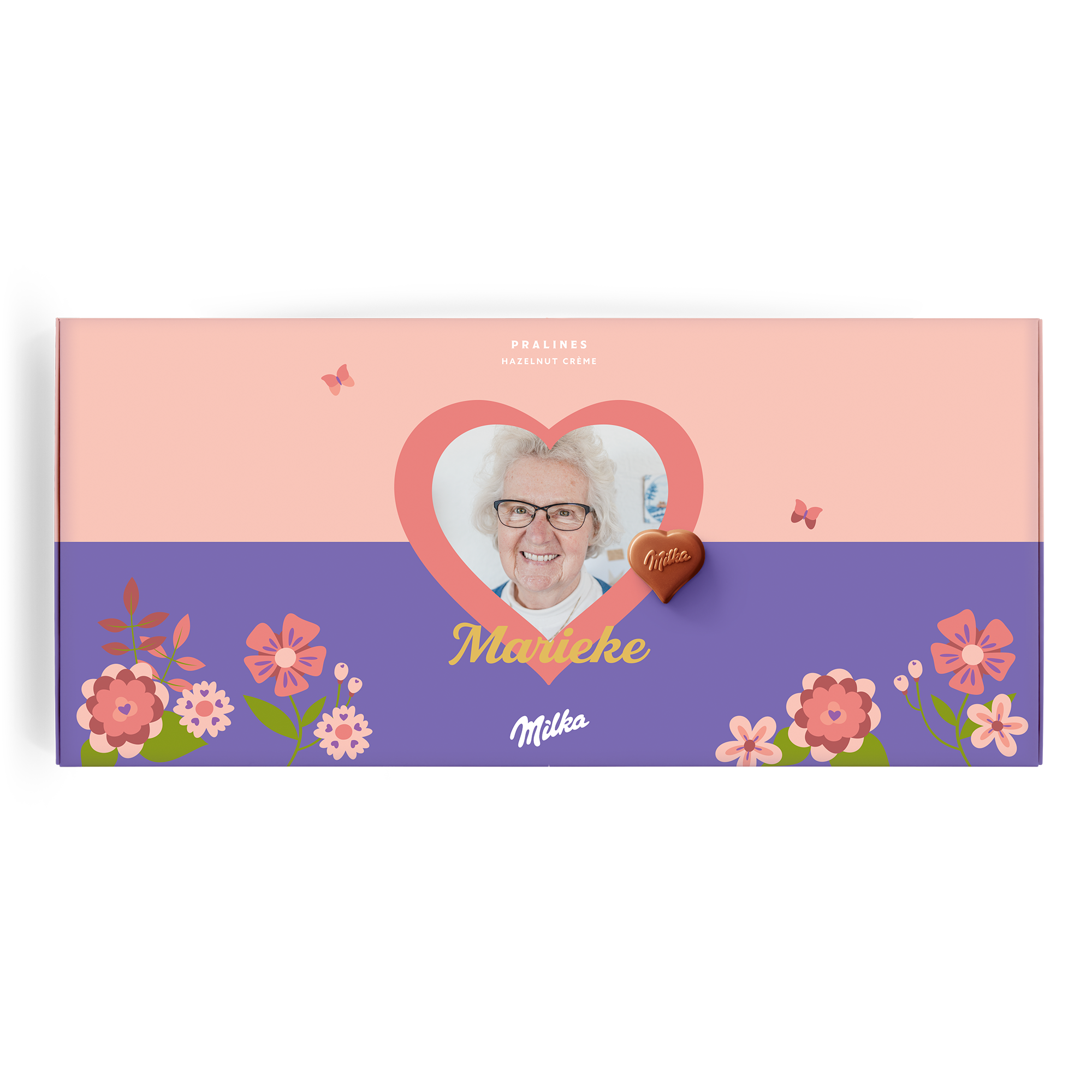 Say it with Milka deze Moederdag met een gepersonaliseerde chocolade giftbox met foto, naam Marieke en bloemdecoratie