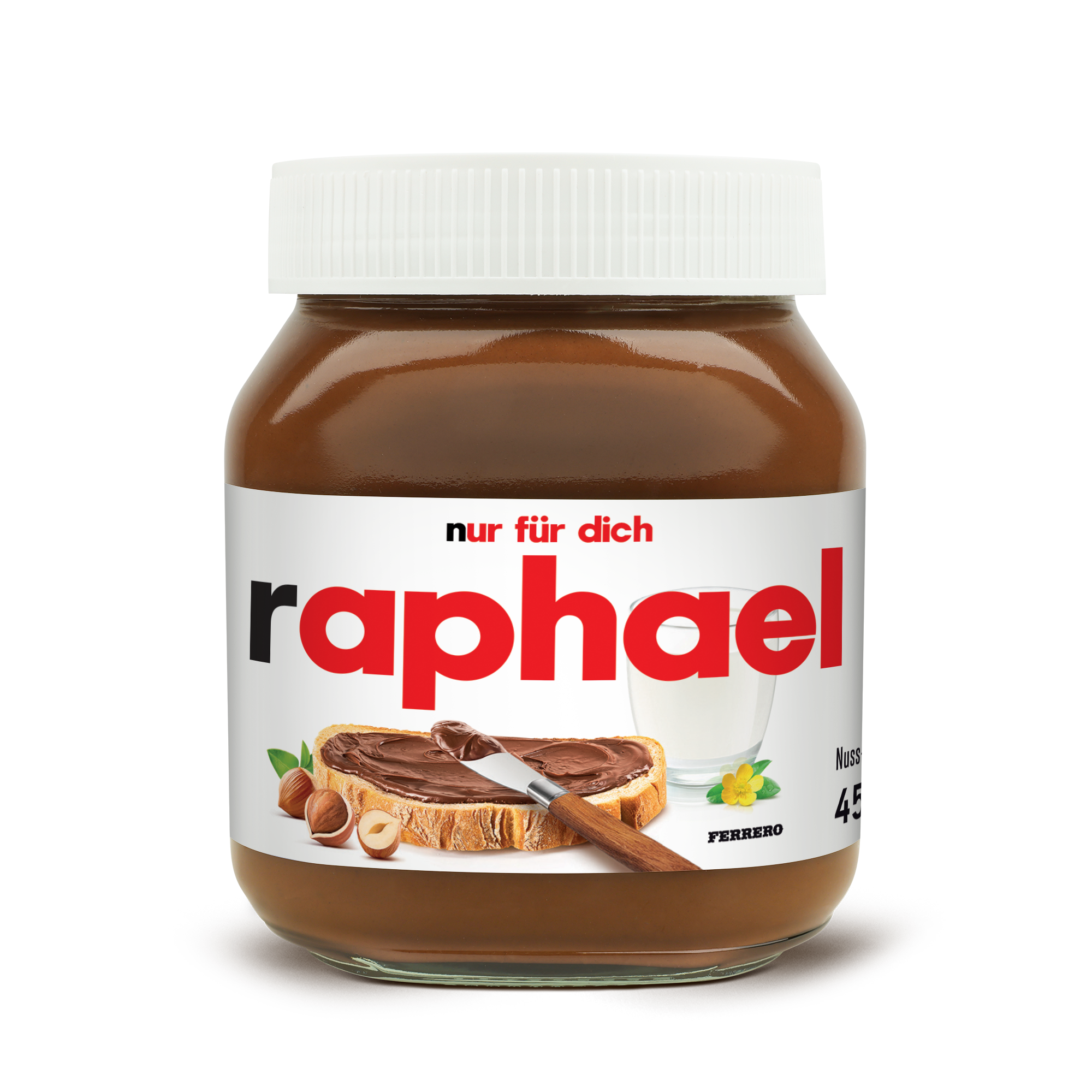 Original nutella® Glas 450 Gramm personalisieren mit Name "raphael" und Text "nur für dich" auf dem Etikett