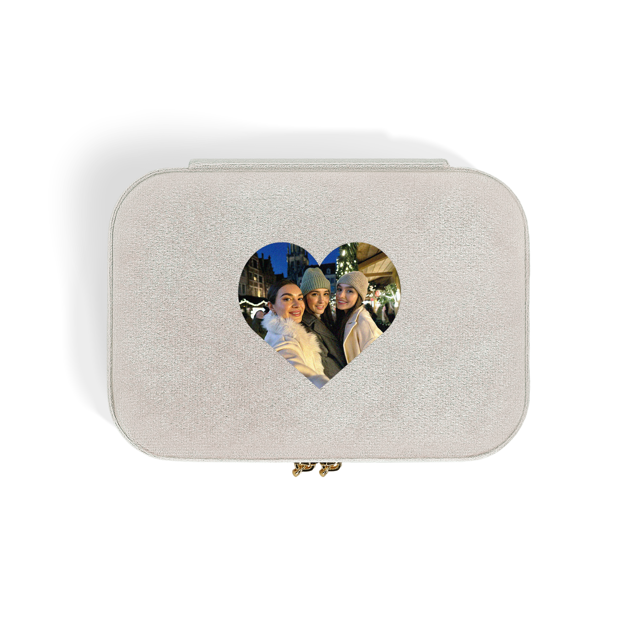 Beiges Schmuckkästchen personalisiert, rechteckig mit Foto in Herzform bedruckt.