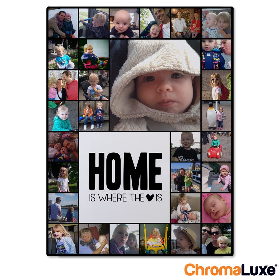 Aluminiowy kolaż zdjęć Instagram z indywidualnymi zdjęciami i napisem Home is where the heart is