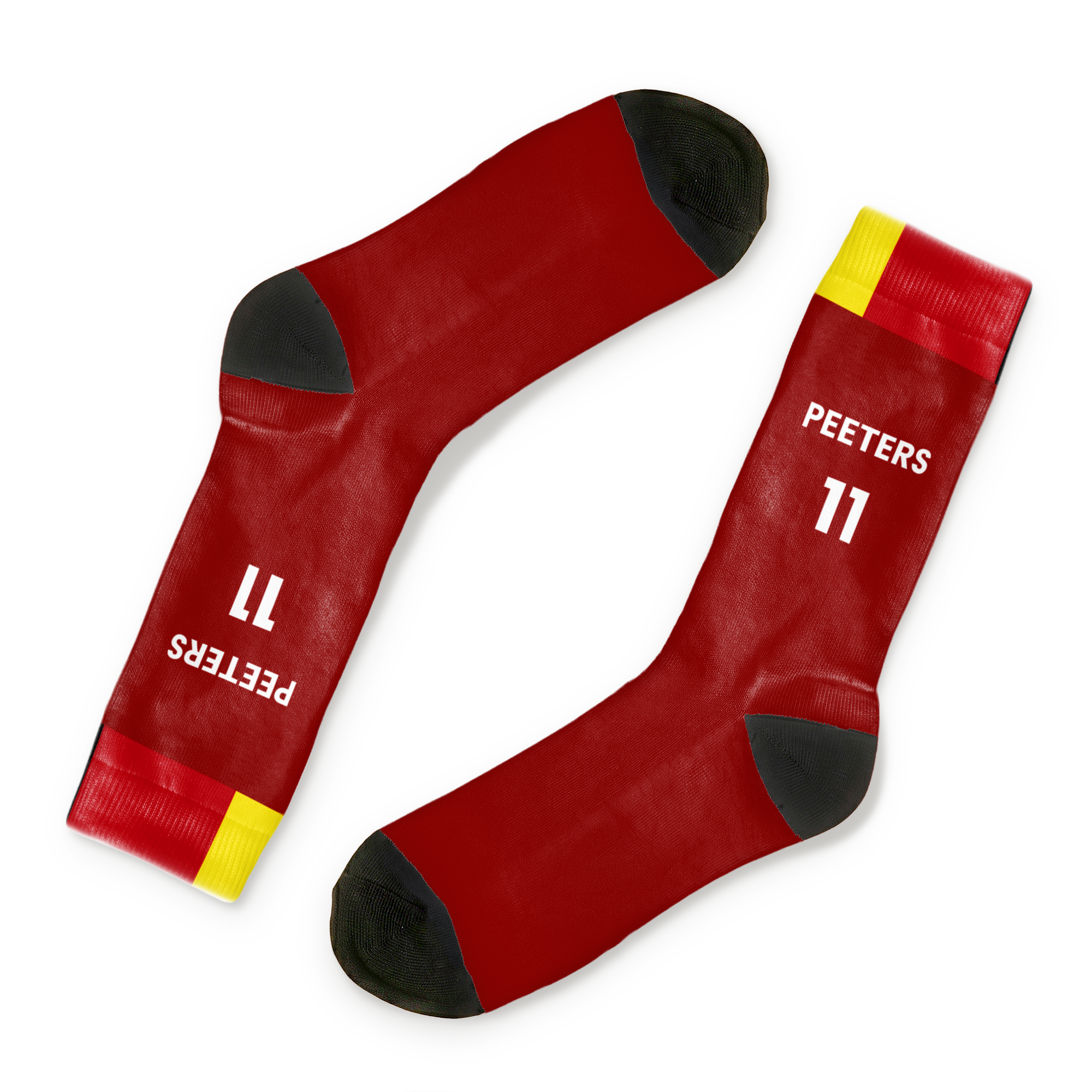 Volledig bedrukte WK-sokken – 39-42 rood met zwarte tenen en hielen, witte tekst Peeters en nummer 11, en gepersonaliseerde Belgische vlag details aan de bovenkant.