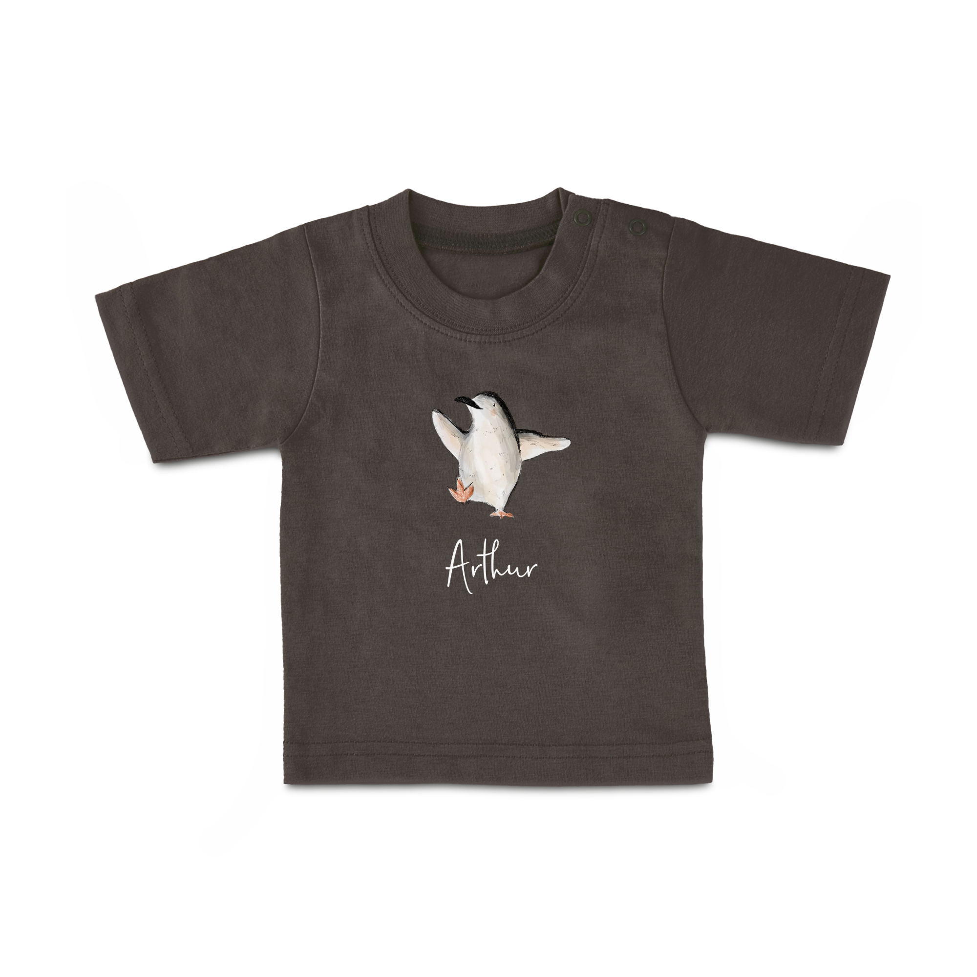 Gray baby shirt with a dancing penguin and the printed name Arthur, a stylish custom baby shirt.