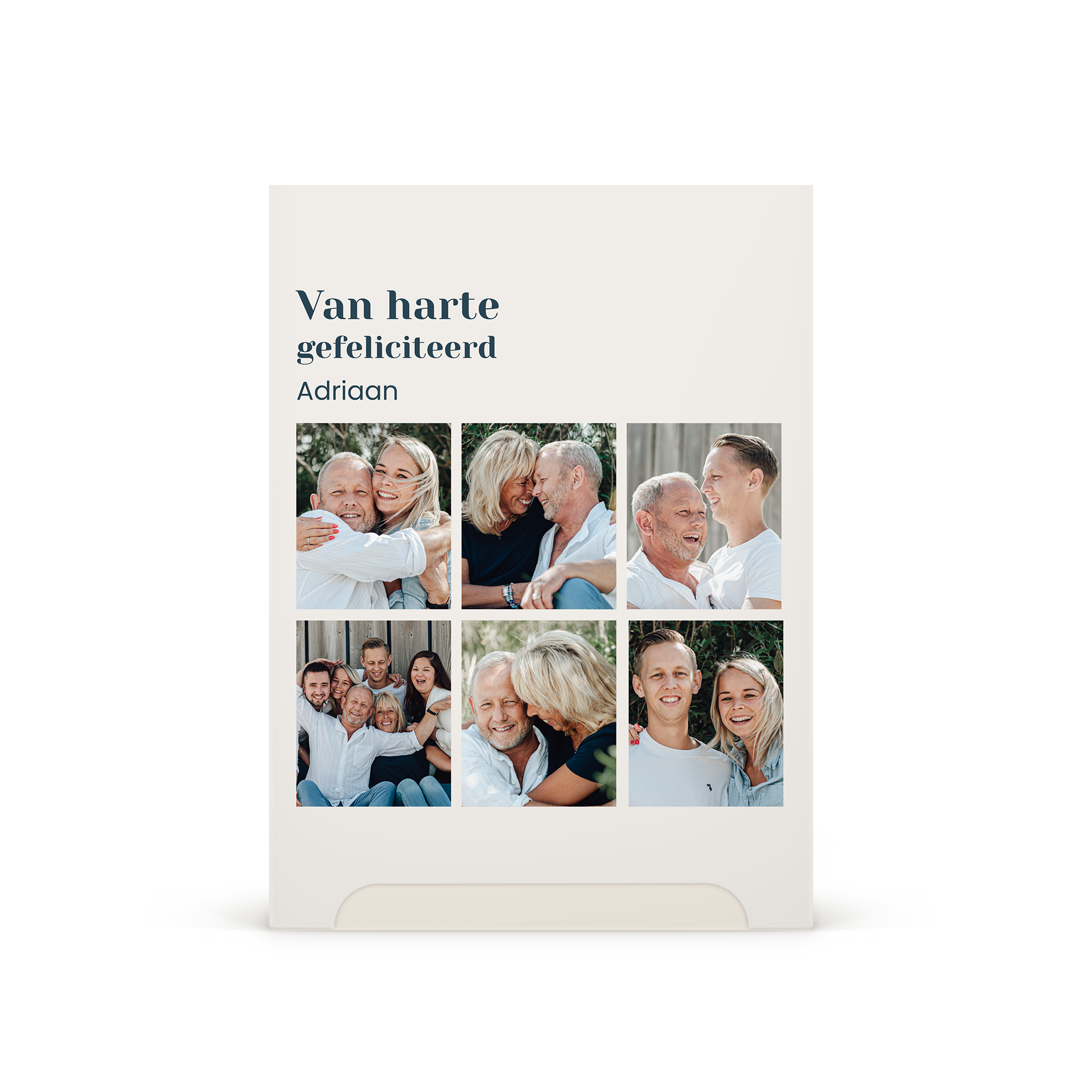 Gepersonaliseerde Kneipp wellnesservaring, een cadeaubox bedrukt met fotocollage, de tekst Van harte gefeliciteerd Adriaan en zes familiefoto's