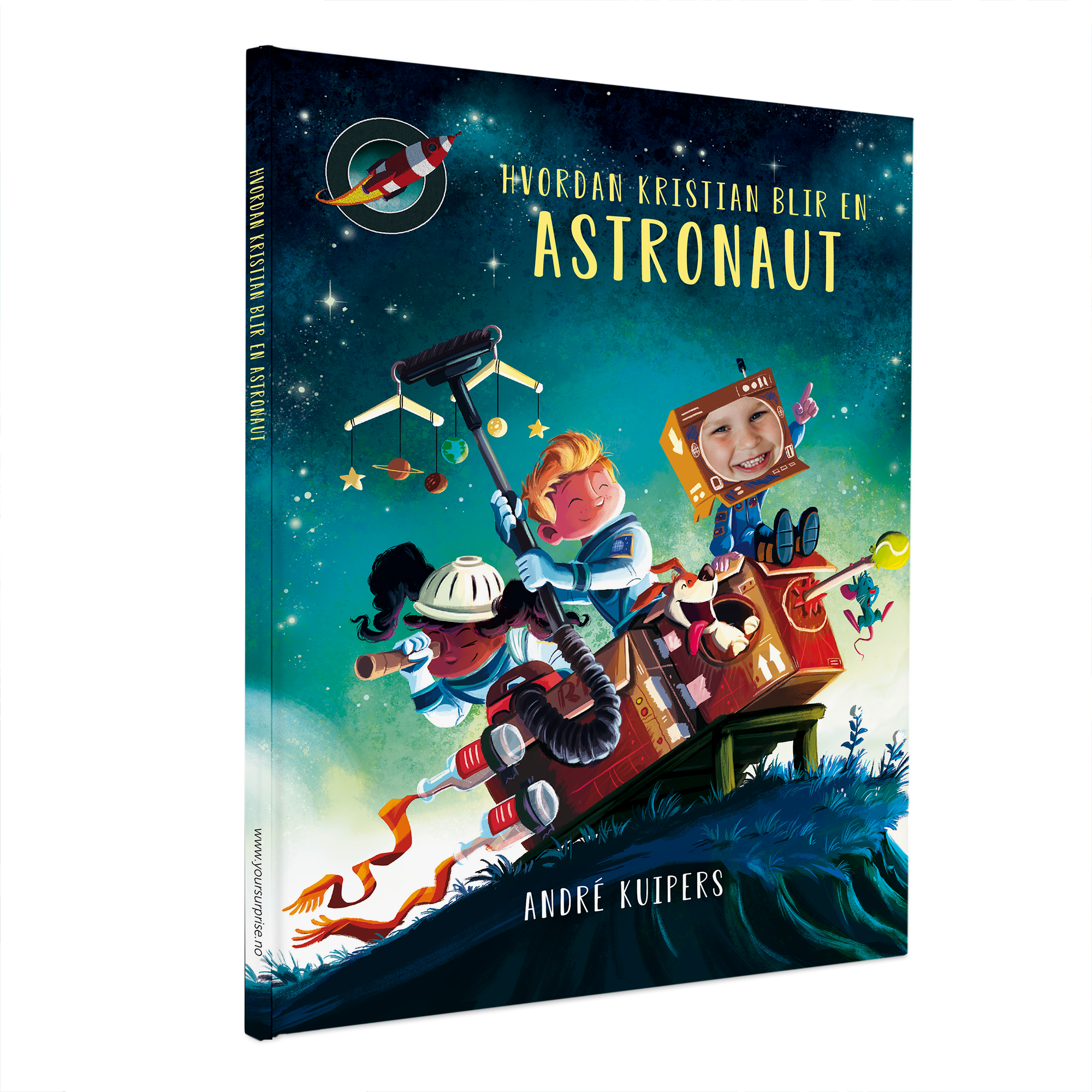 Personalisert bok – Hvordan kan jeg bli en astronaut? – Innbundet med et barnelignende ansikt på forsiden, trykt med valgfritt navn for å skape en unik gave