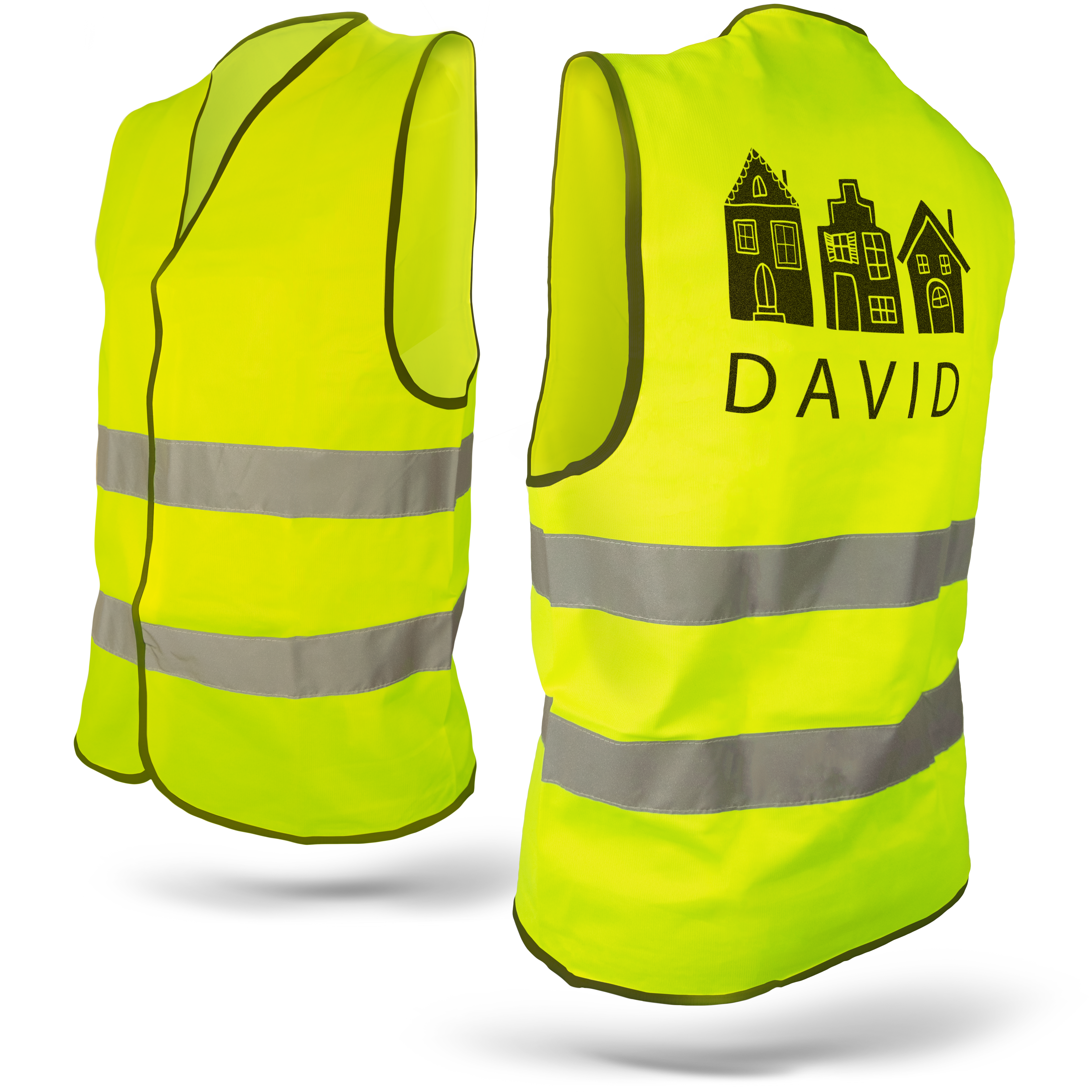 Vestă personalizată reflectorizantă galben neon, imprimată cu case și numele David, cu bandă reflectorizantă.