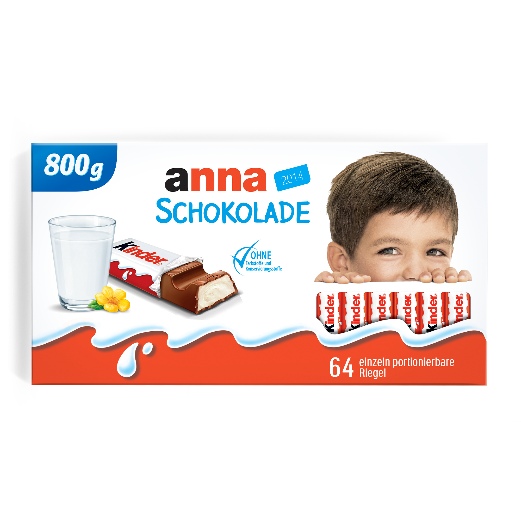 Personalisierte Mega kinder Schokolade mit Namen Anna und Jahr 2014, 800 Gramm, mit 64 einzeln portionierbaren Riegeln.