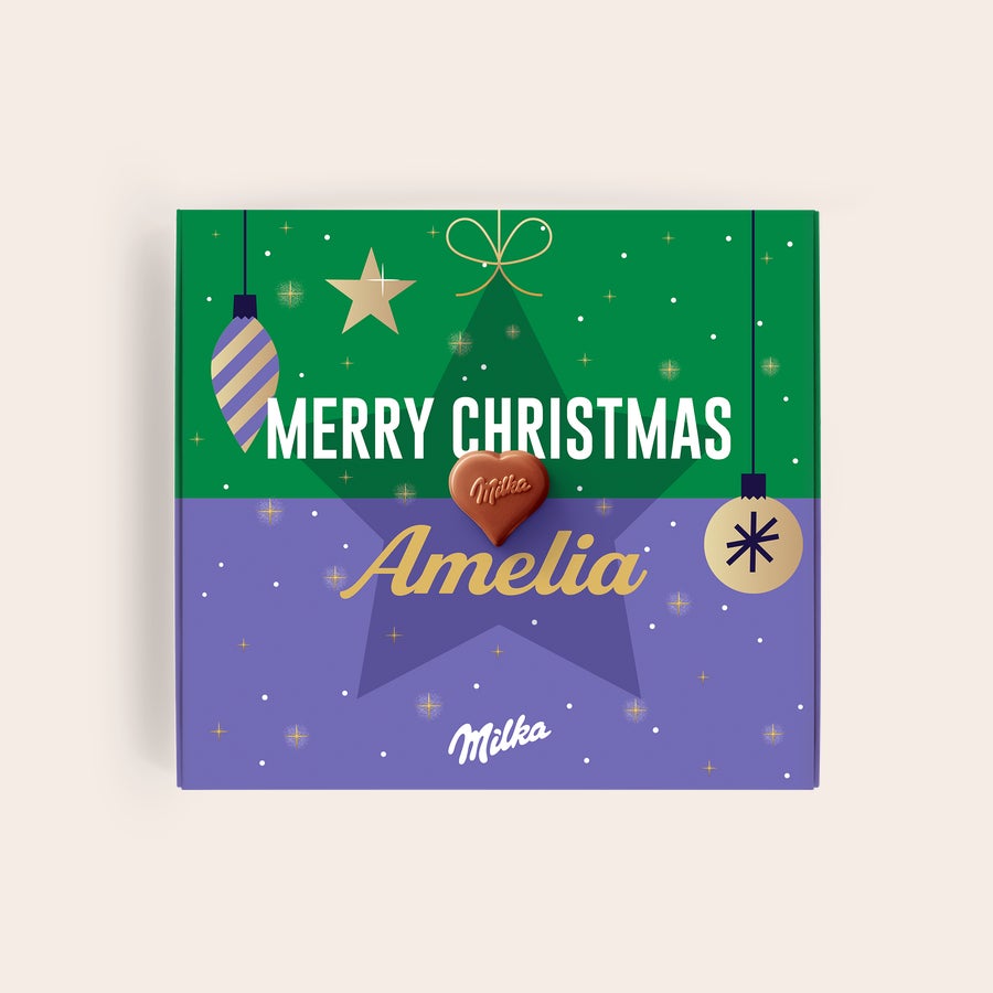 Milka Pralinky Vianoce Personalizovaná darčeková krabička Milka s nápisom Merry Christmas a menom Amelia, skvelé prekvapenie na Vianoce.
