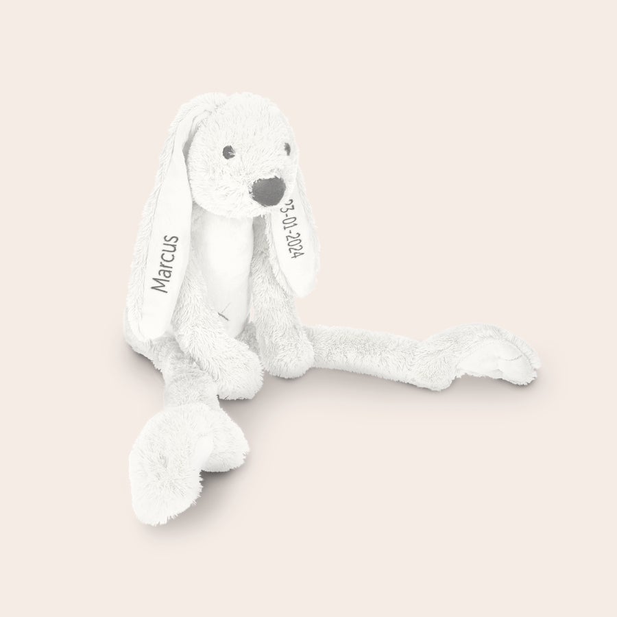 Rabbit Richie Bamse med navn - Kanin Hvid blød kanin bamse med navn Marcus broderet på venstre øre og dato på højre øre