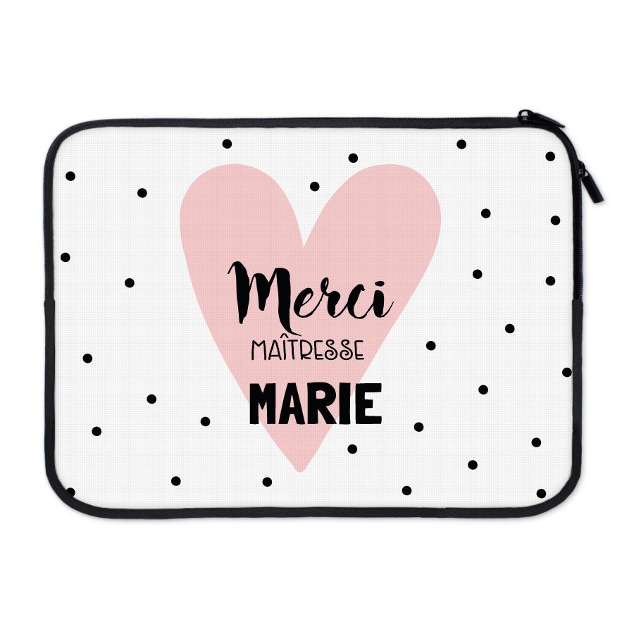 Housse ordinateur personnalisée avec photo imprimée Merci Maîtresse Marie et motif pois