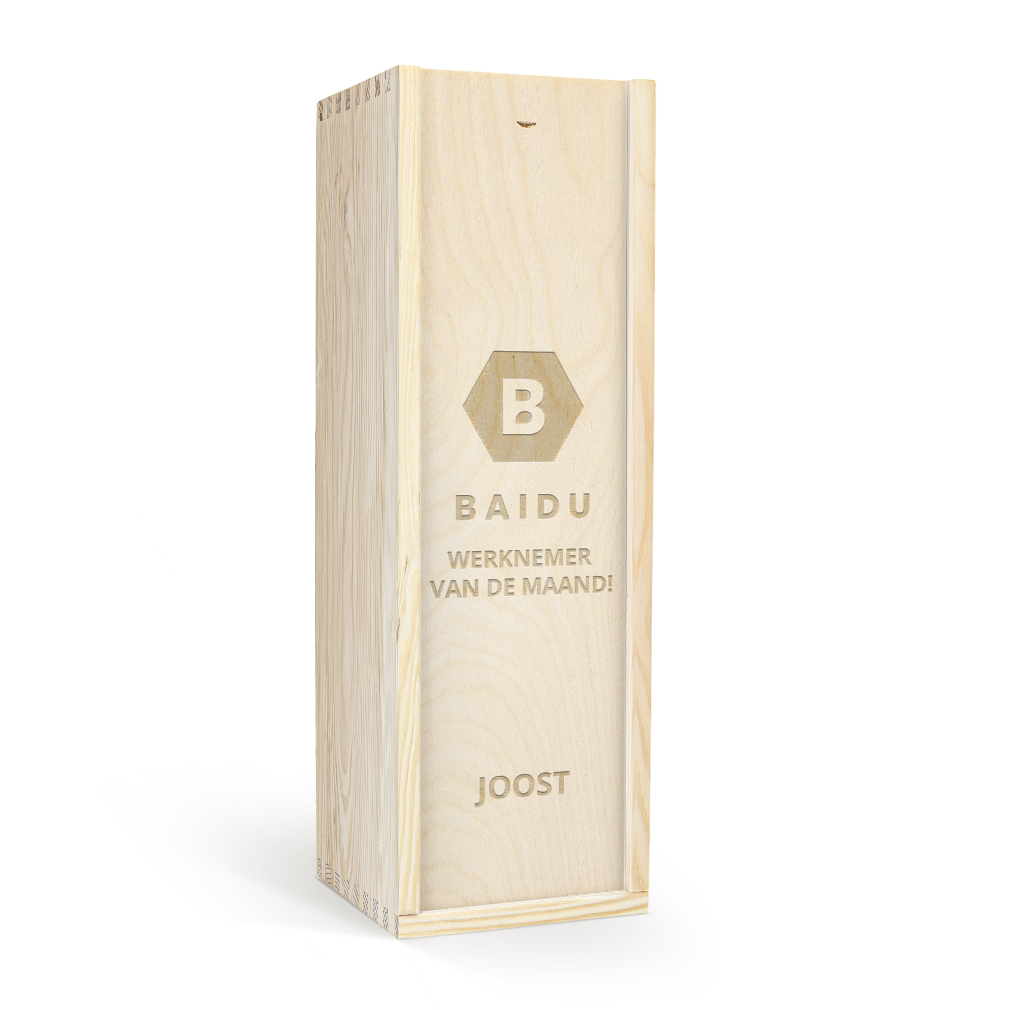Cassetta di legno incisa con logo B e testo BAIDU WERKNEMER VAN DE MAAND! JOOST per Regala un Ramon Bilbao in Cassetta di Legno Incisa