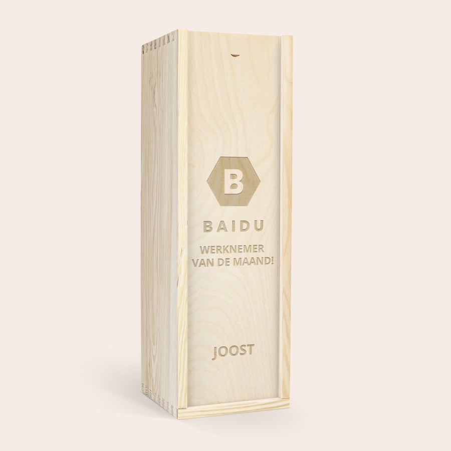 Vino Ramon Bilbao Crianza Personalizzato Cassetta di legno incisa con logo B e testo BAIDU WERKNEMER VAN DE MAAND! JOOST per Regala un Ramon Bilbao in Cassetta di Legno Incisa