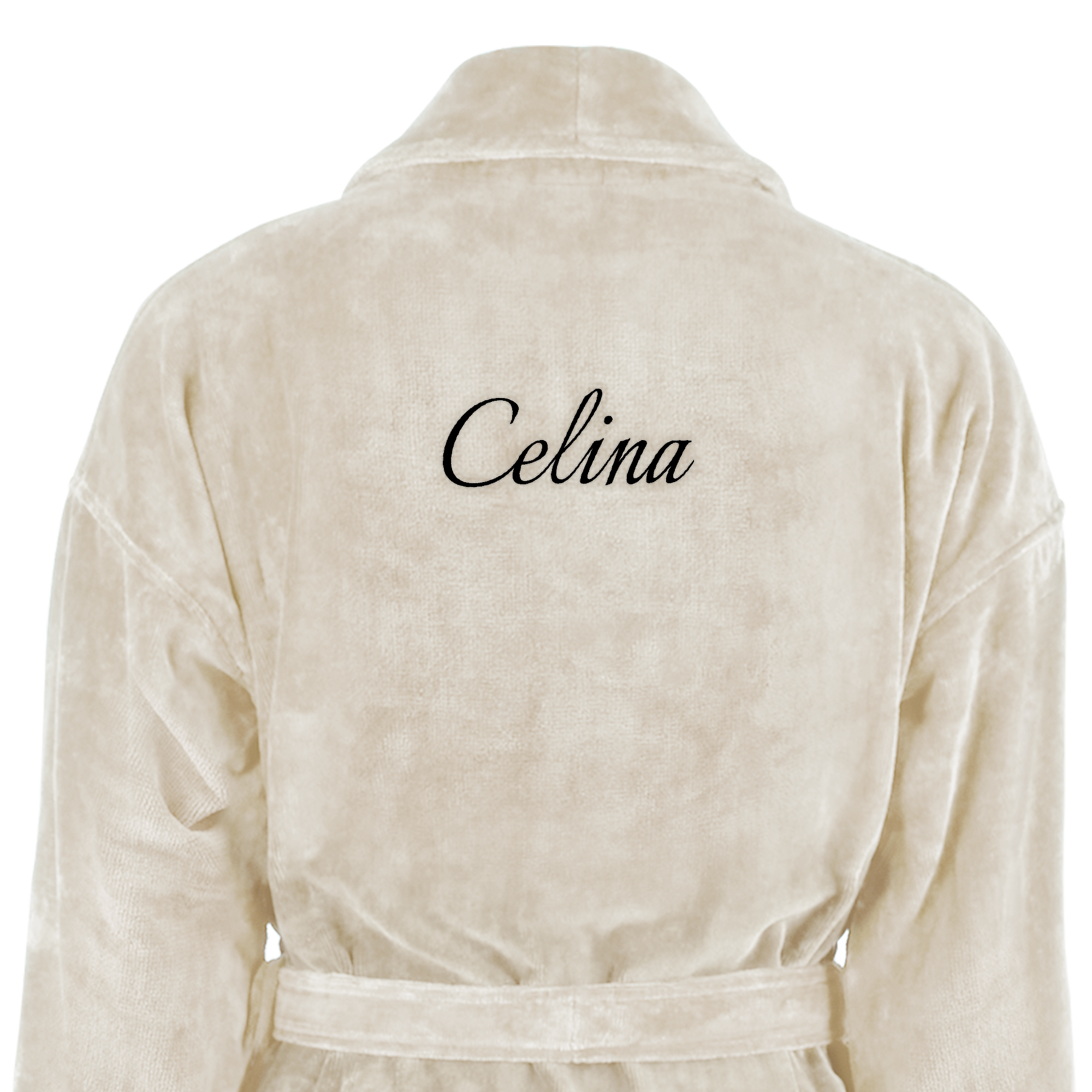 Beiger Frottee Bademantel mit Schalkragen, bestickt mit dem Namen "Celina", Ihr eigener Bademantel mit Namen bestickt!