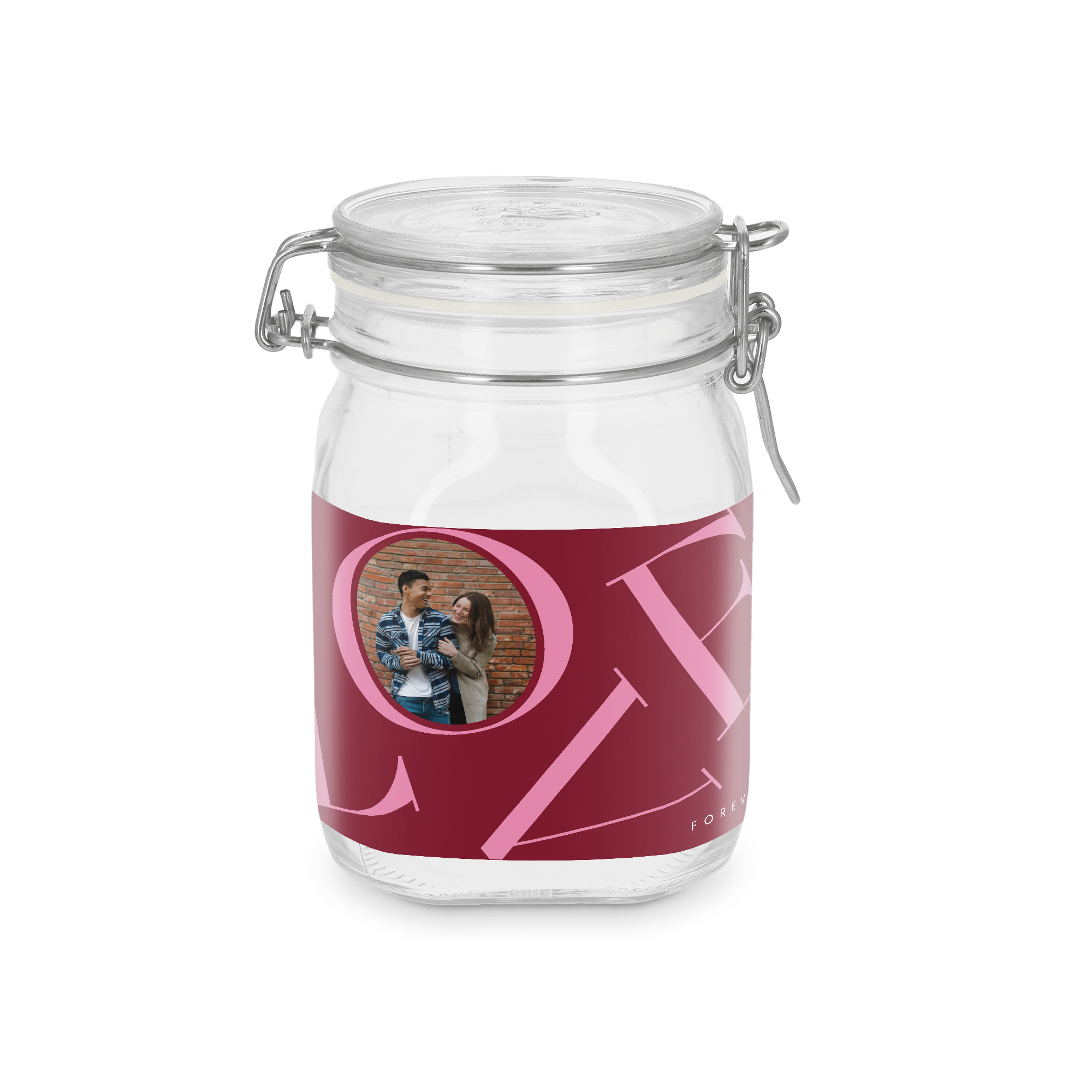 Glasskrukke med lokk, 1 liter, personlig tilpasset med et parbilde og ordet LOVE, trykt i fullfarge.