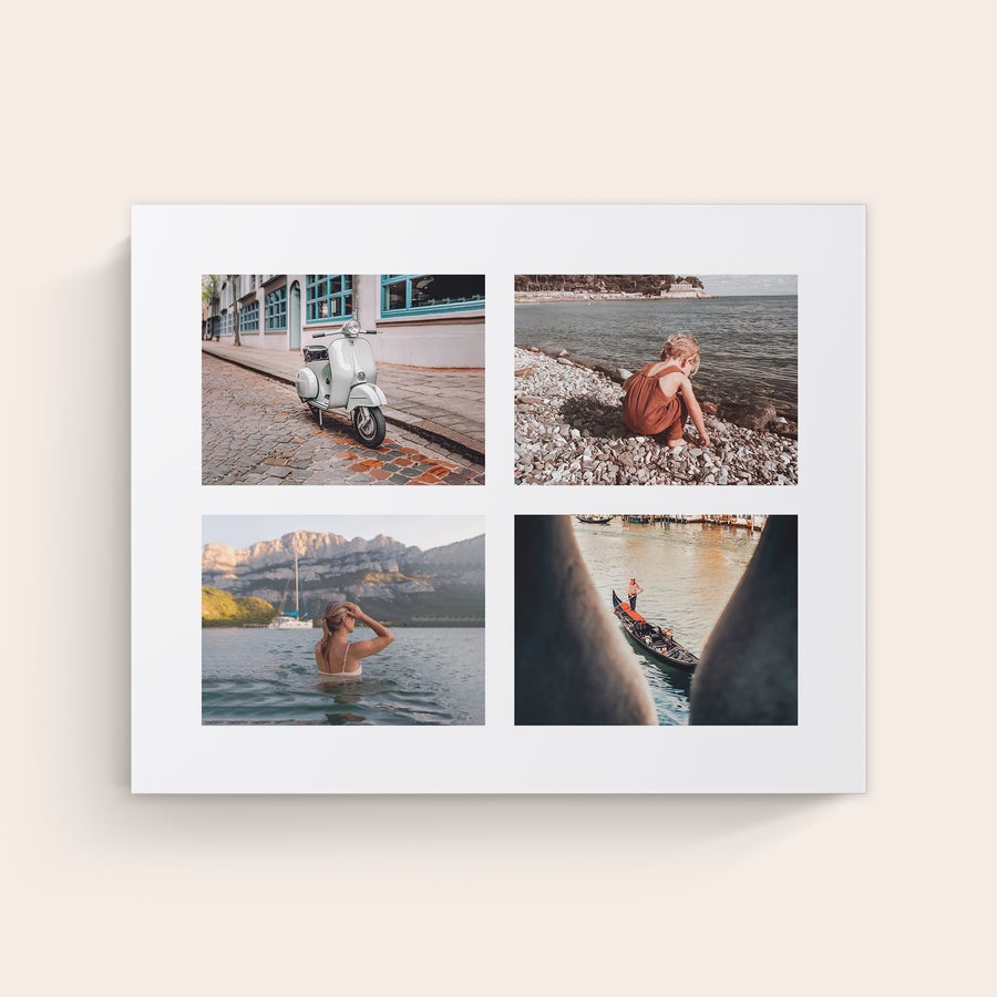 Stampa su Tela Personalizzata Tela personalizzata con quattro foto stampate: una vespa, una bambina in spiaggia, una donna in acqua e una gondola a Venezia.