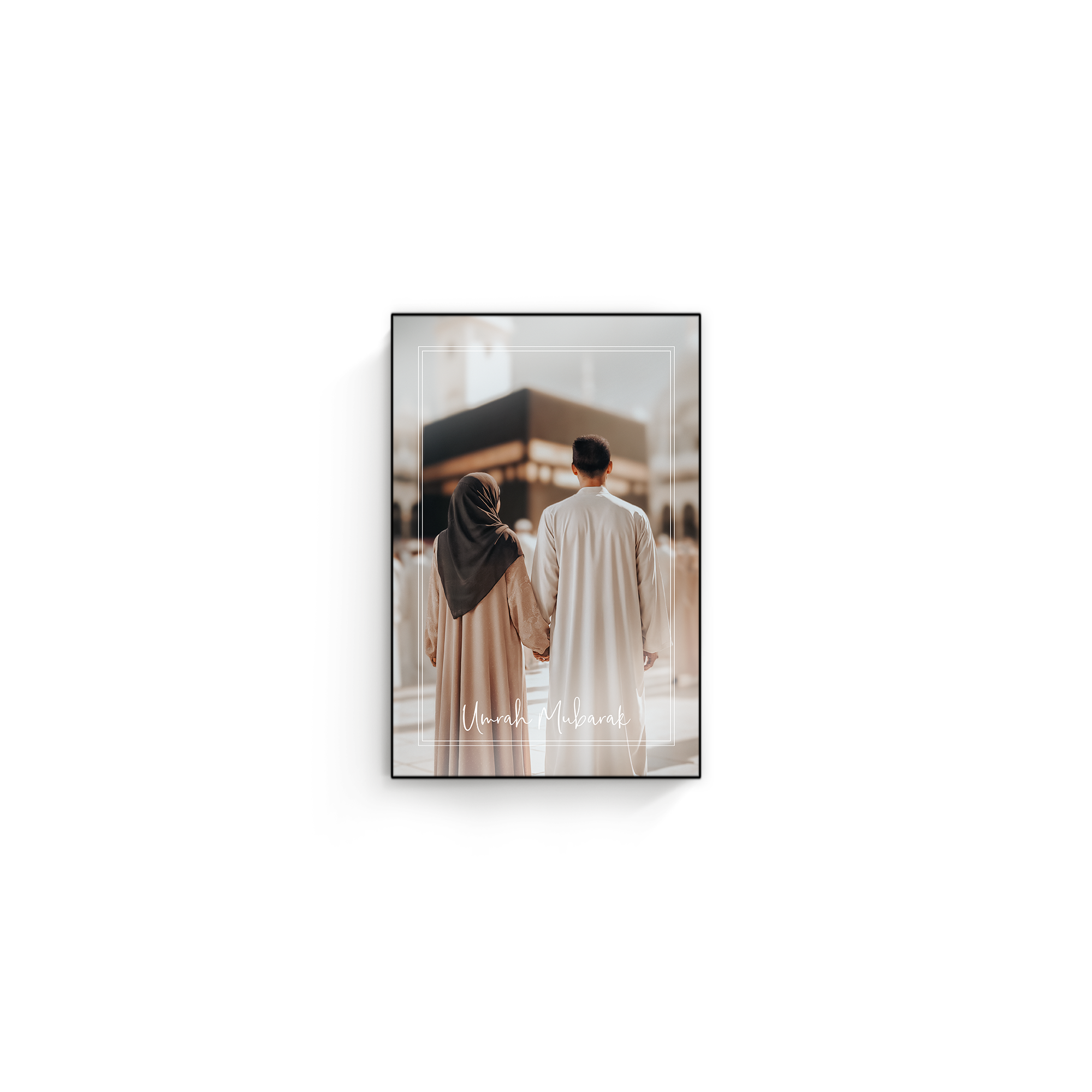 ChromaLuxe wooden photo panel printed with a custom photo of a couple and the text Umrah Mubarak