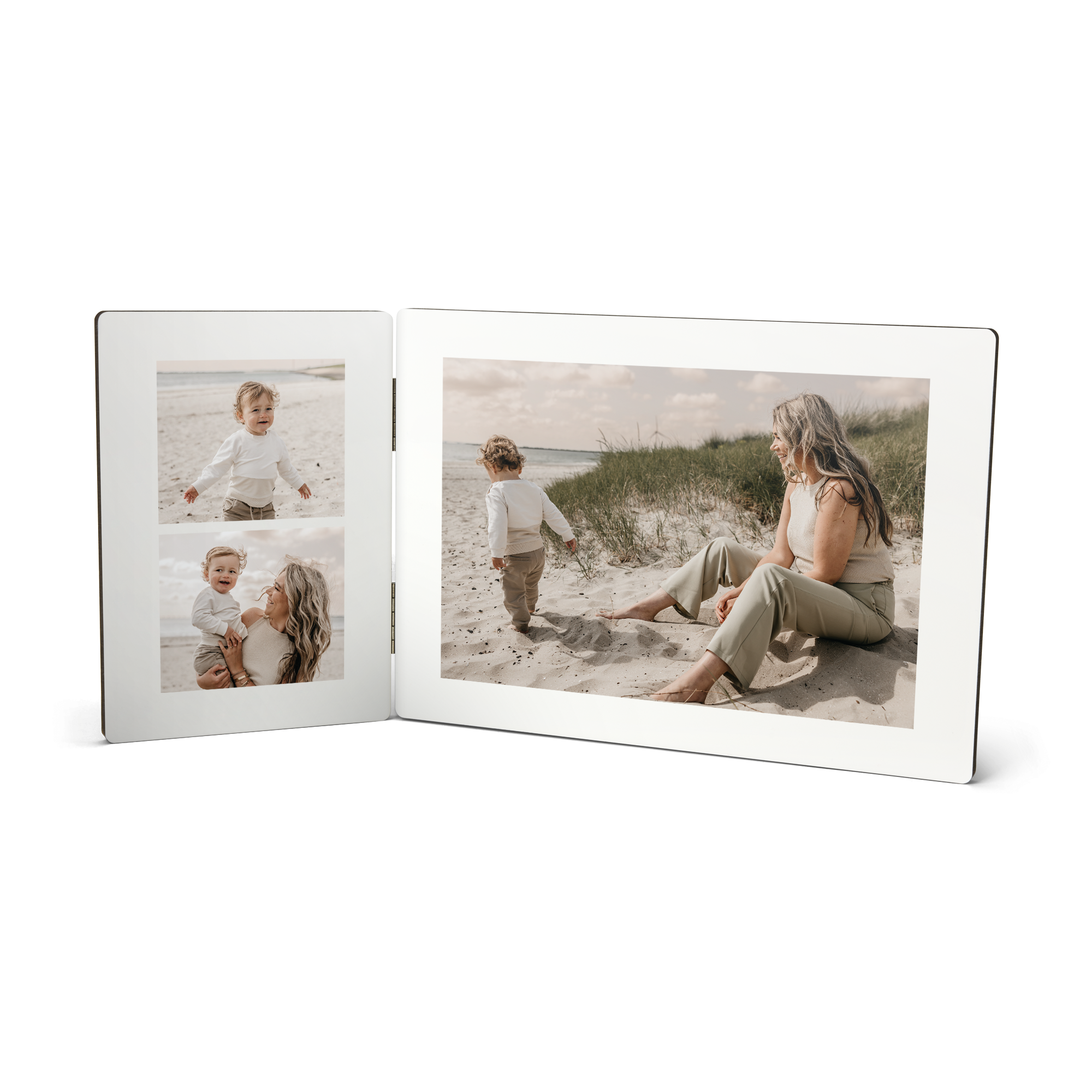 Rectangular hinged photo frame personalized with three cherished photos from a beach outing a great gift
