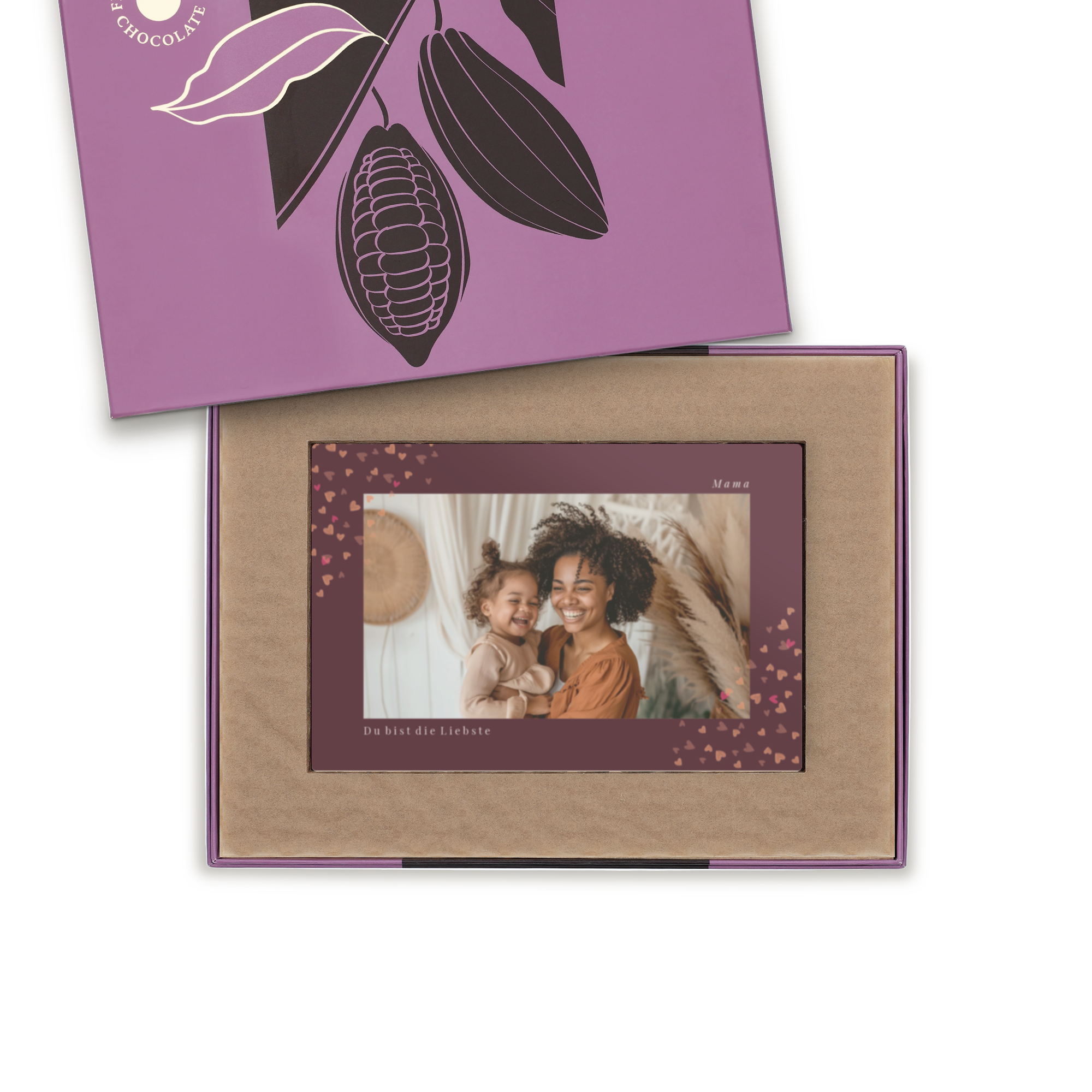 Personalisierte Schokolade in Lila-Box mit Foto Mama und Kind, bedruckt mit Herzen und Text Du bist die Liebste