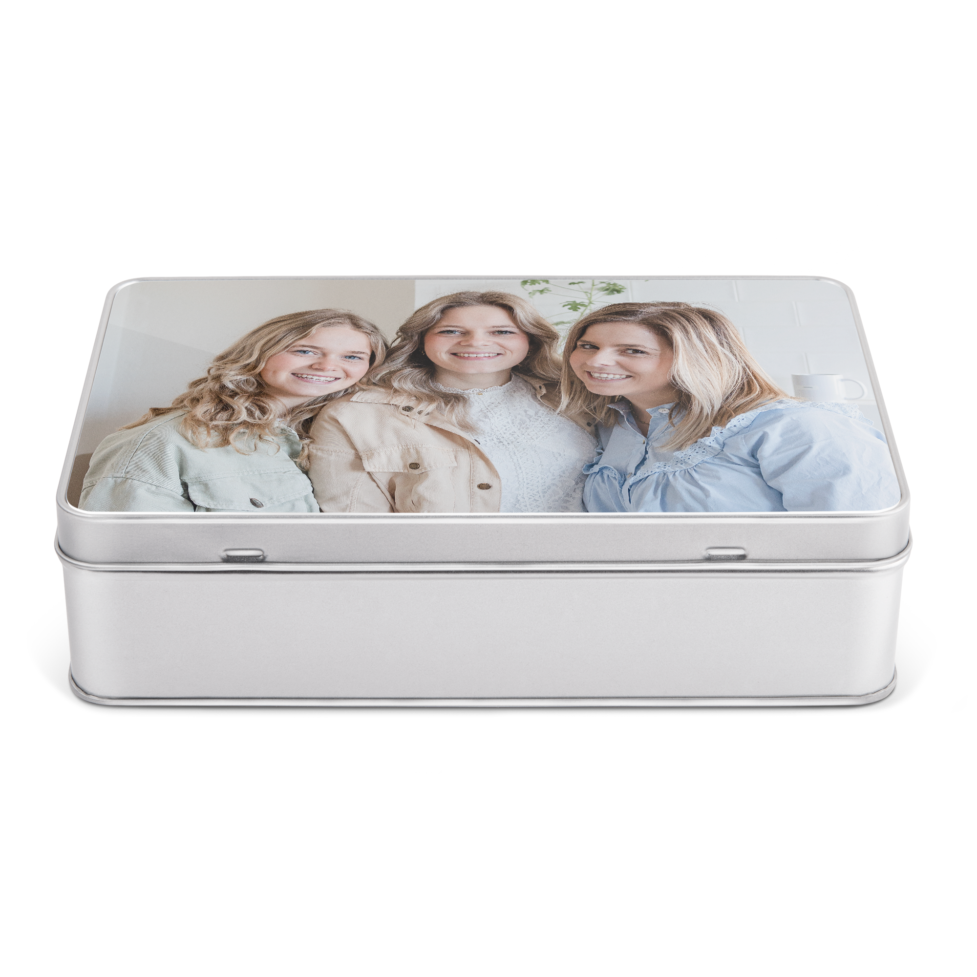 Personalized Oreo gift tin with a printed photo of three smiling women on the lid