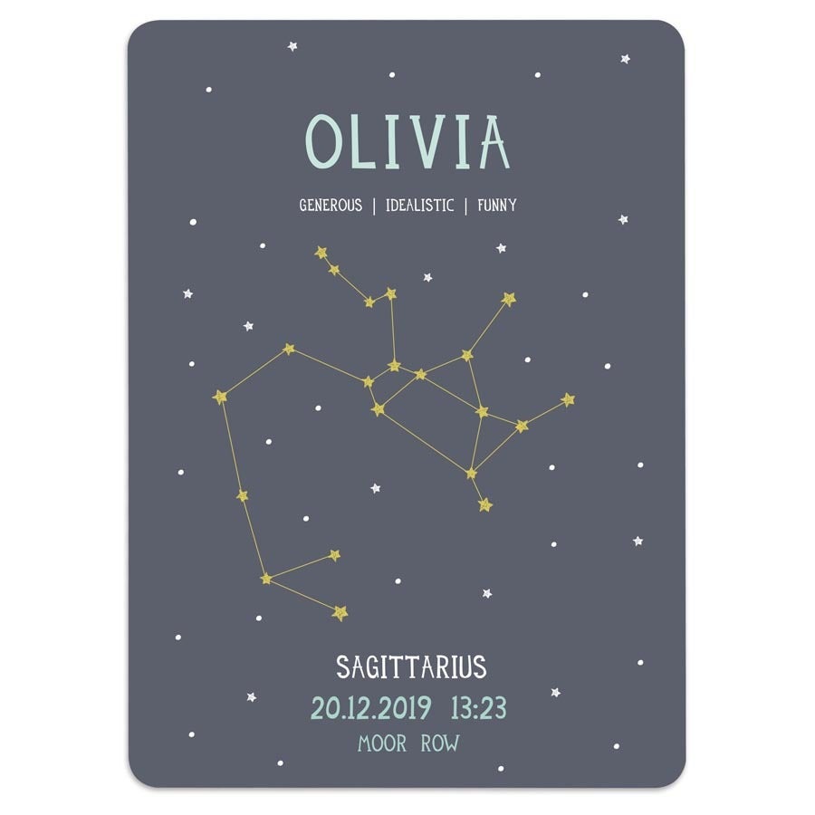 Folha Milestone® azul escura personalizada com nome Olivia e signo de Sagitário para decorar o quarto do bebê