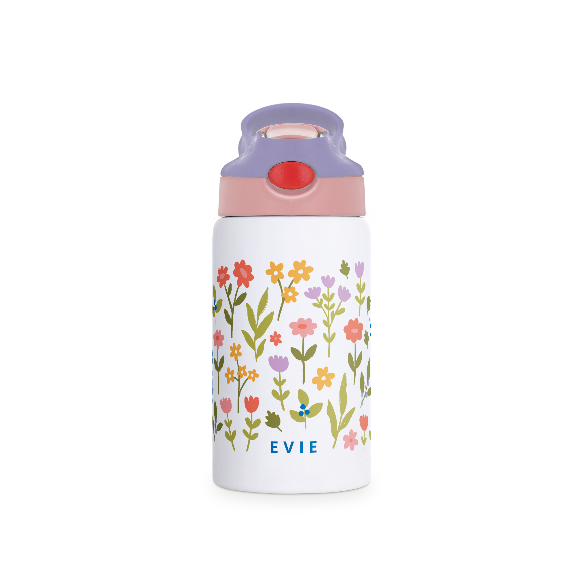 Borraccia bianca per bambini con coperchio rosa e viola fantasia fiori, nome "EVIE" stampato. Rendi l'idratazione divertente con una bottiglia solo per loro!