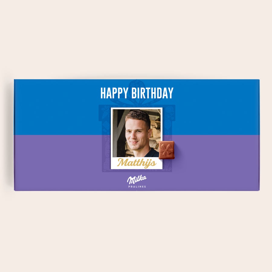 Milka Pralines Happy Birthday Milka chocolade cadeau in een gepersonaliseerde giftbox met foto en naam Matthijs, geprint met Happy Birthday tekst.