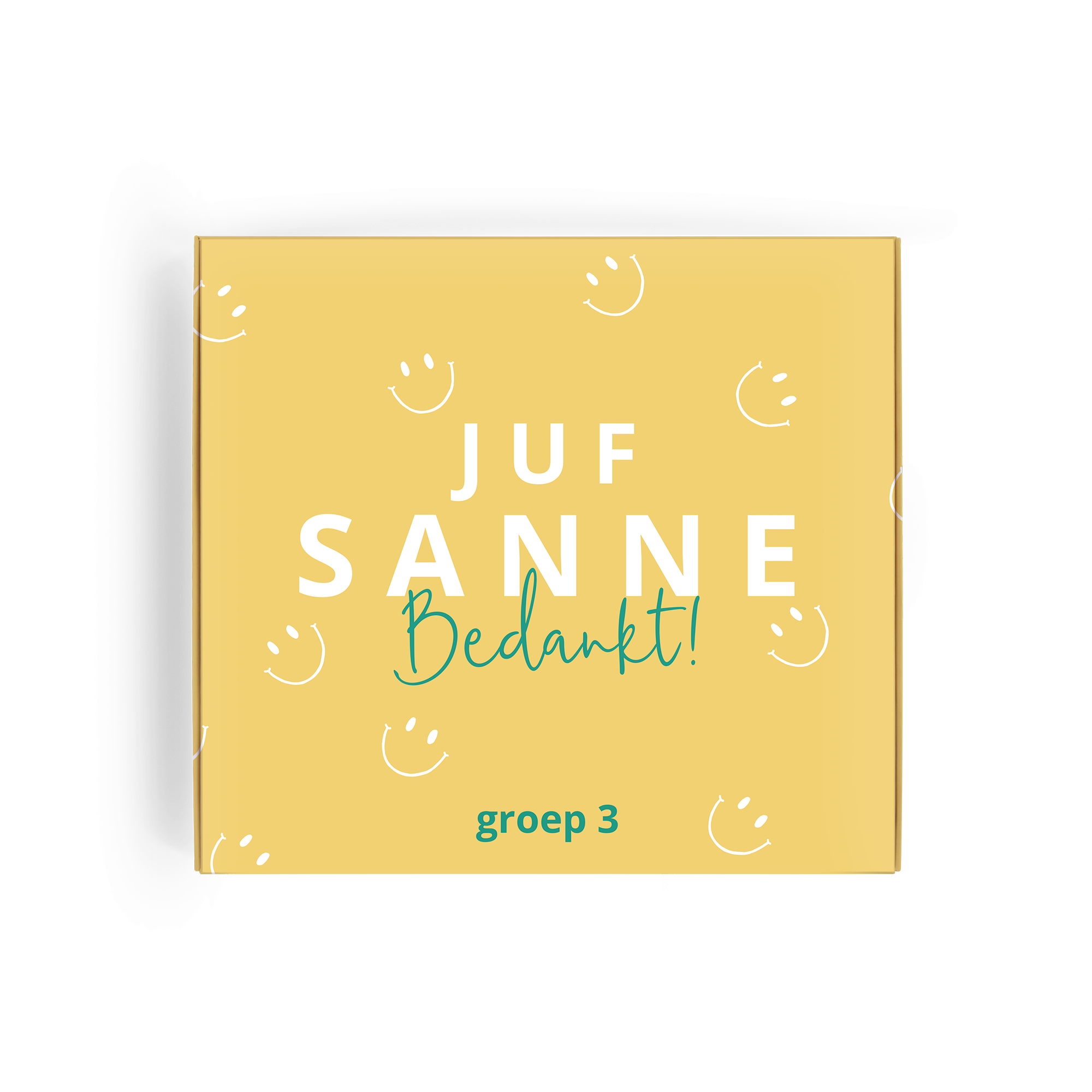 Gepersonaliseerde Tony's Chocolonely melkchocolade reep met "Juf Sanne Bedankt!" en "groep 3", bedrukt met smileys.