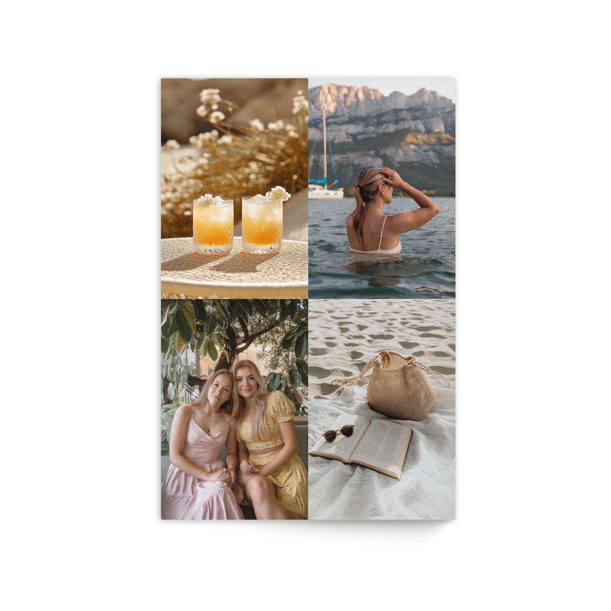 Pannello di legno personalizzato con una foto stampata. L'immagine mostra un collage di quattro diverse scene con dettagli e colori.