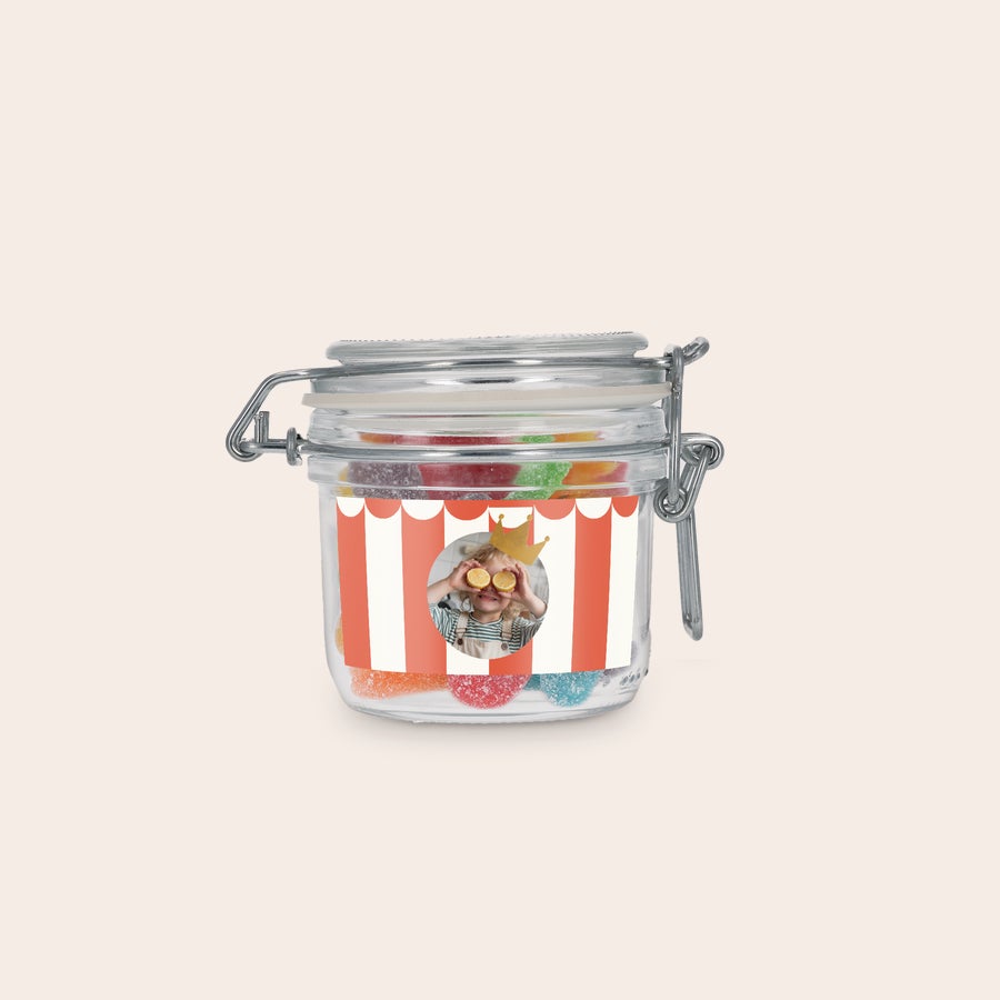 Personalised sweet jar Personalised sweet jar with sour sticks, printed with a photo of a child wearing a crown and holding lemon slices