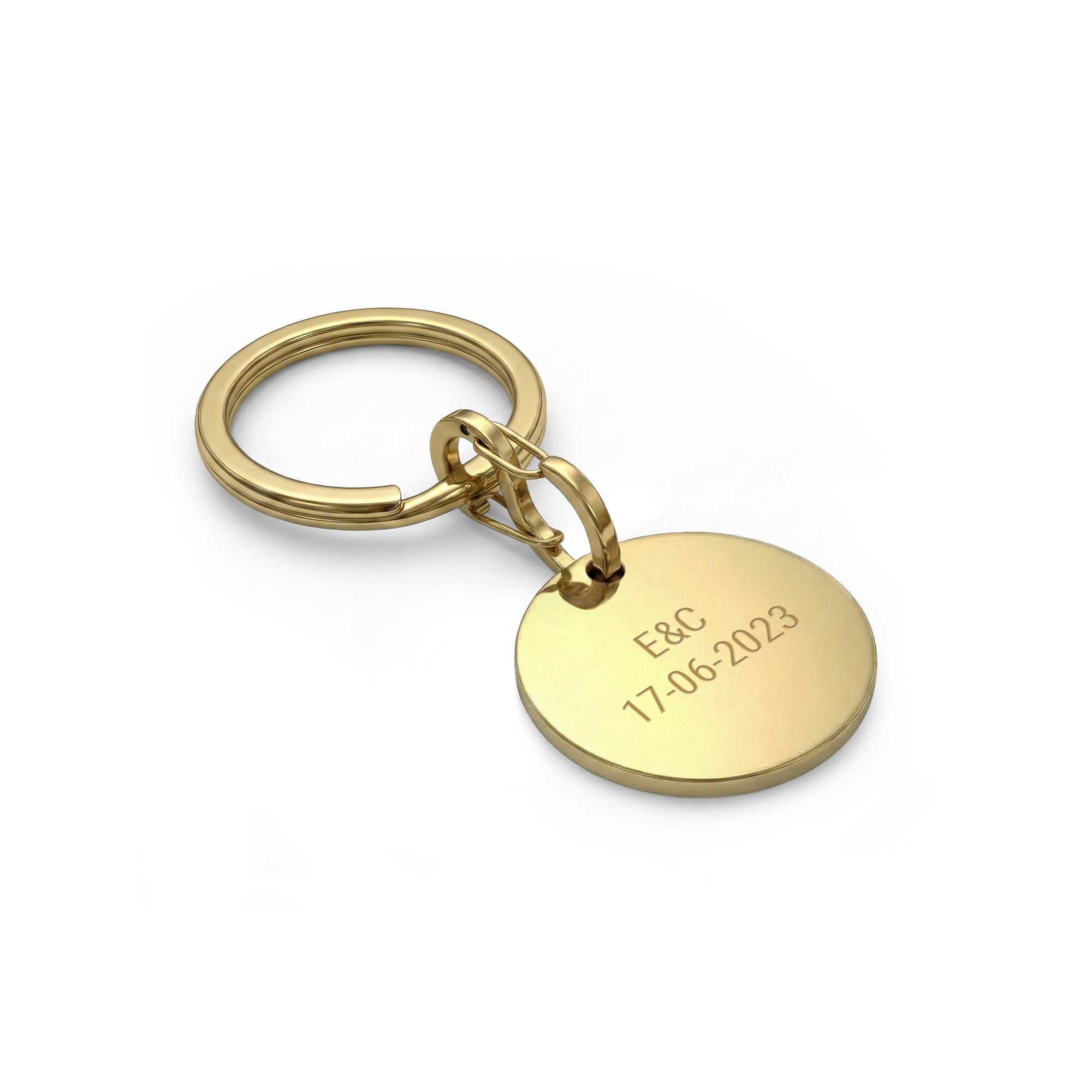 Engraved key ring - Round - Gold, personalized with E&C 17-06-2023.