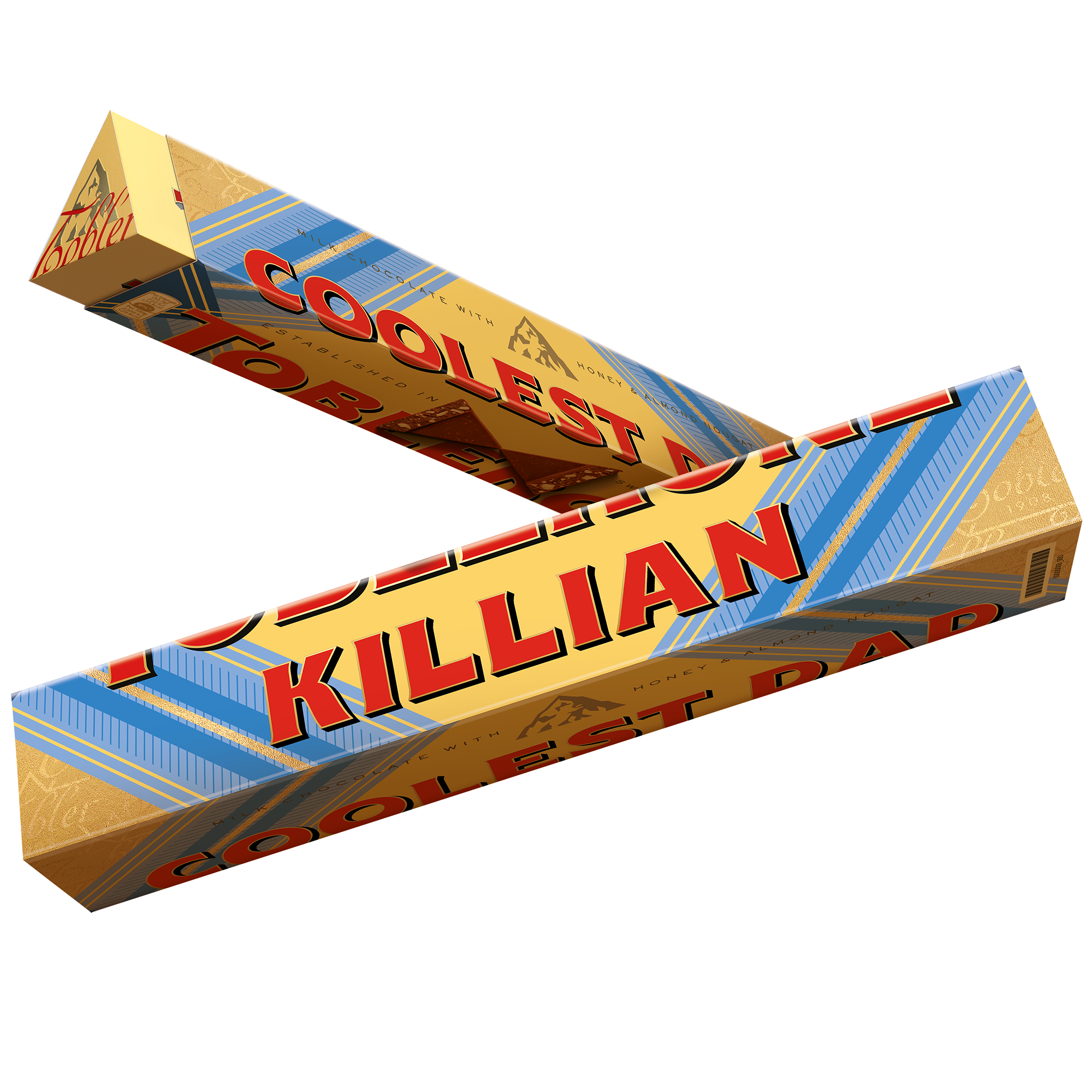 Chocolat Toblerone personnalisé pour papa, imprimé avec le nom Killian et le texte Coolest Dad