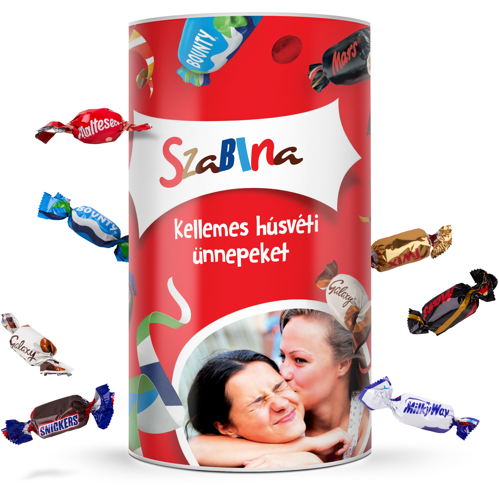 Piros Személyre szabott ünnepi doboz kedvenc csokikkal, fényképpel és Szabina névvel nyomtatva kellemes húsvéti ünnepi üdvözlettel