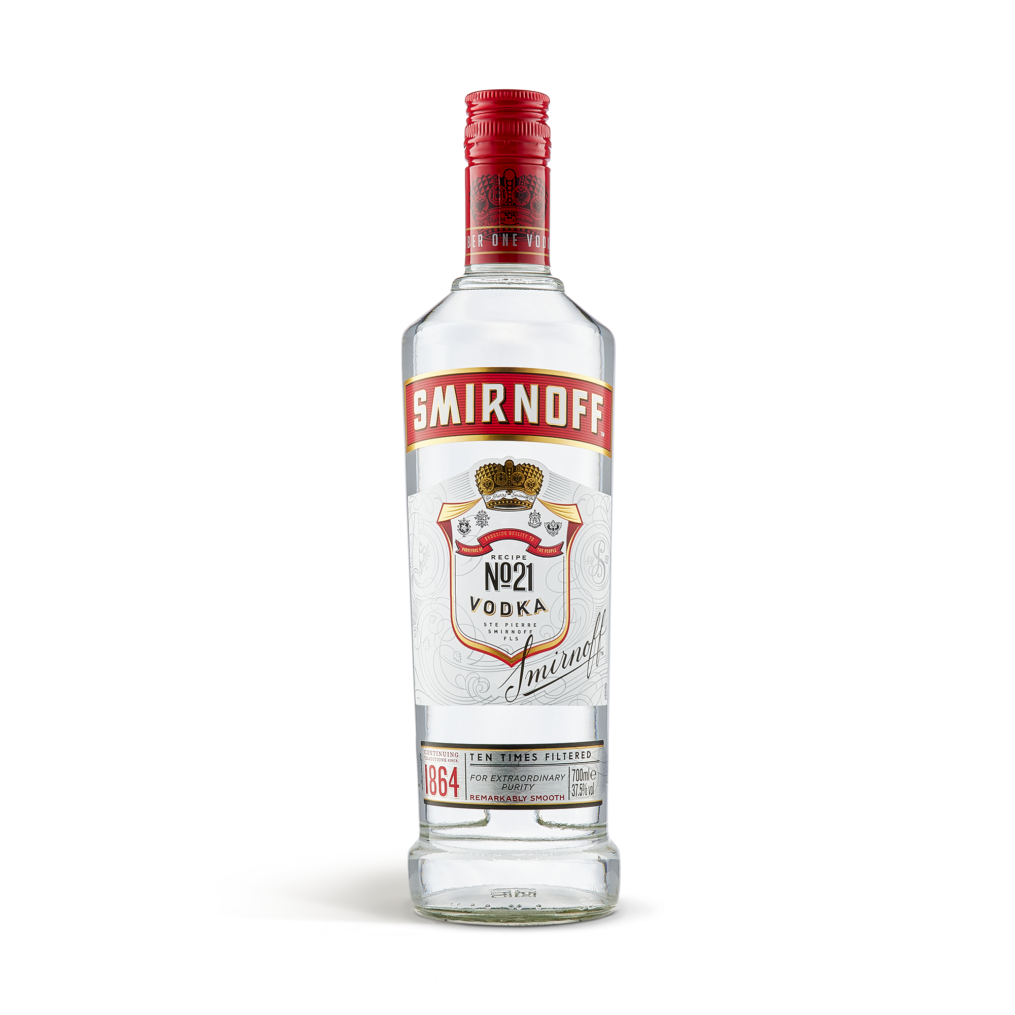 Garrafa de Vodka Smirnoff transparente com rótulo branco e vermelho, pronta para personalizar.