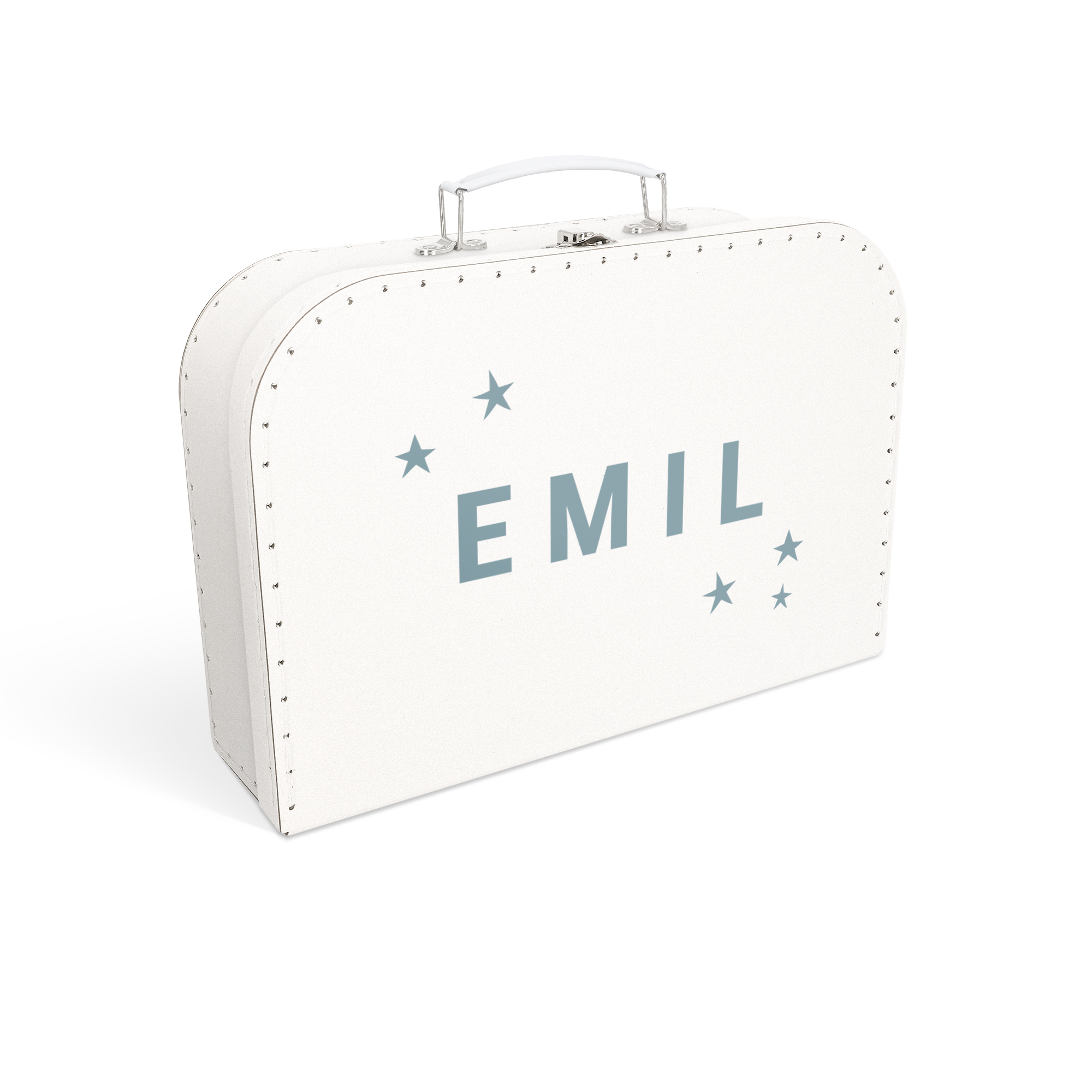 Weißer Kinderkoffer mit dem Namen EMIL und blauen Sternen bedruckt, ideal für Reisen.