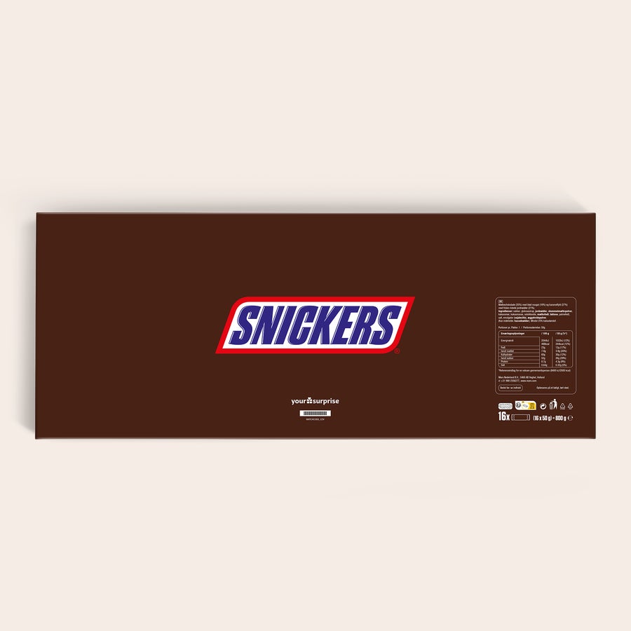 Mega Snickers Chokolade med navn og billede Denne personlige Mega Snickers er den største overraskelse med 16 Snickers, der kan tilpasses med navn eller billede.