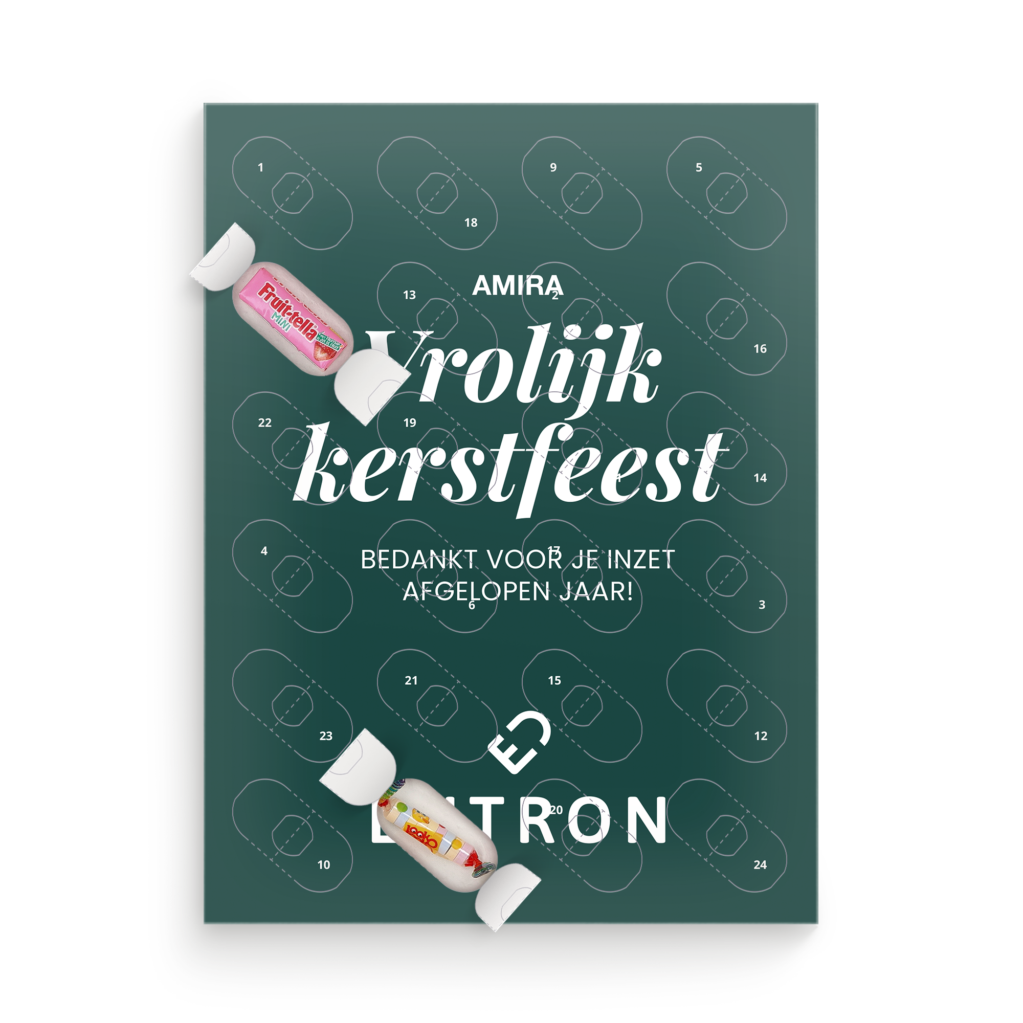 Gepersonaliseerde snoep adventskalender met naam Amira, tekst Vrolijk Kerstfeest en Bedankt voor je inzet afgelopen jaar, en Fruittella snoepjes.