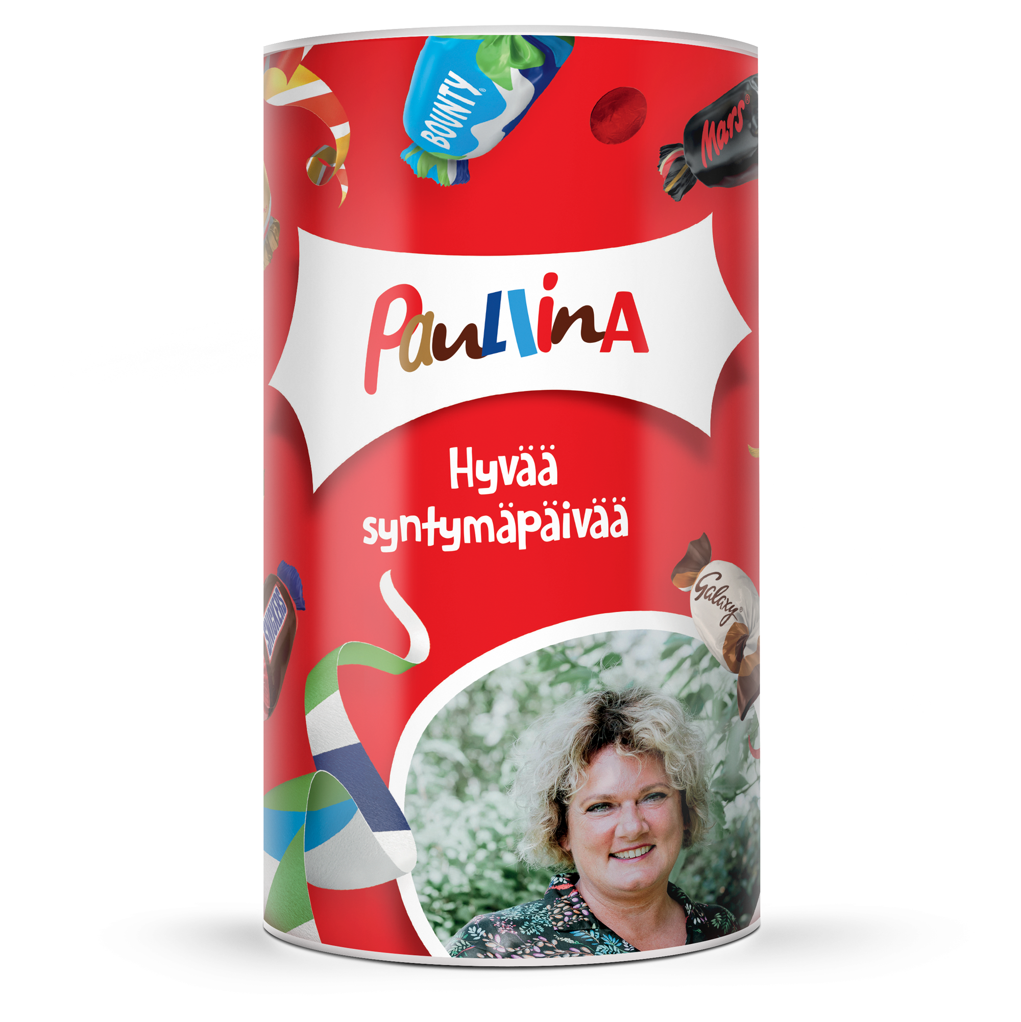 Punainen tuubi täynnä suklaakonvehteja, jossa painettuna nimi Pauliina ja onnentoivotus Hyvää syntymäpäivää