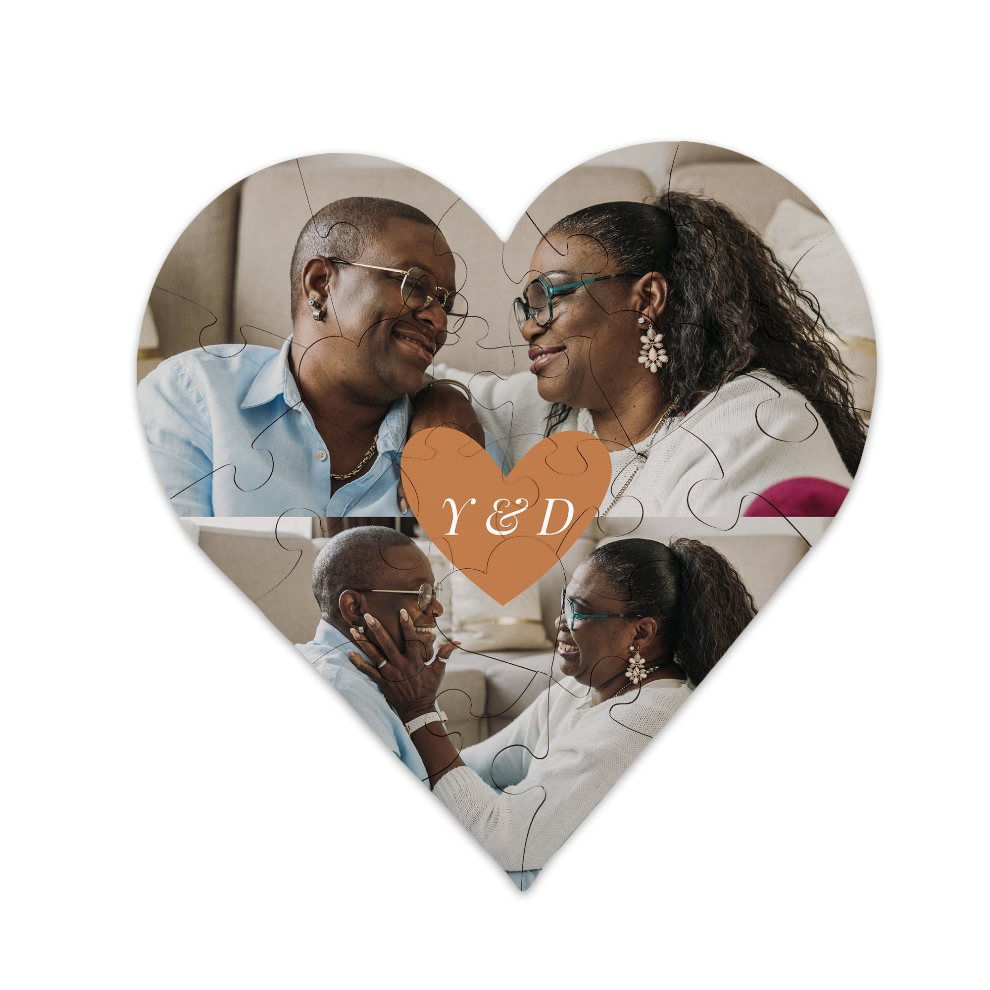 Heart-shaped puzzle printed with a custom photo of a couple and initials Y & D on a unique gift