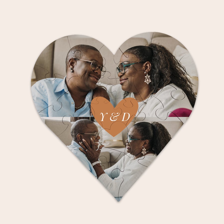 Puzzle Hardboard Heart Heart-shaped puzzle printed with a custom photo of a couple and initials Y & D on a unique gift