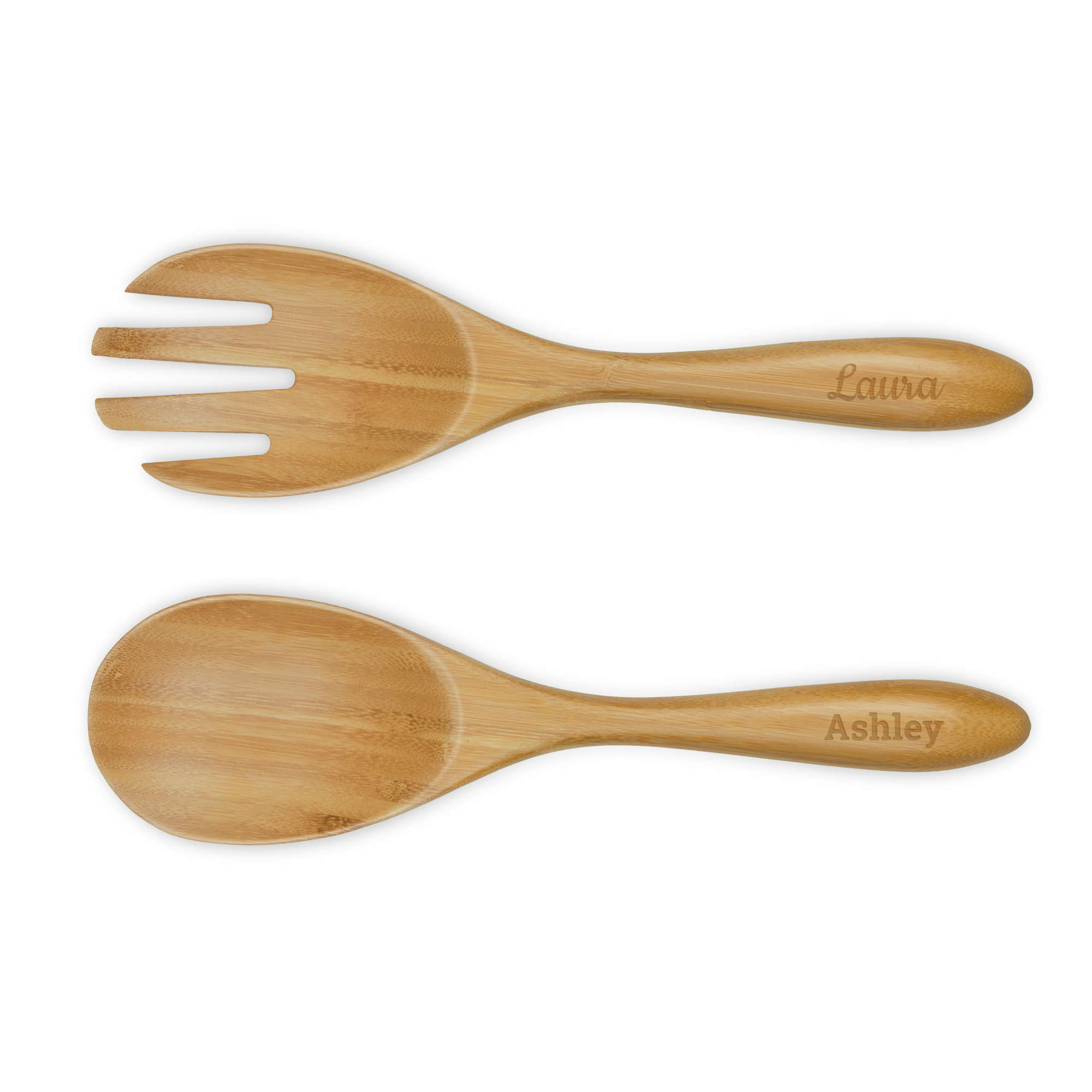Deluxe bamboo salad servers, one engraved with Laura and the other with Ashley, ideal for a personalized gift